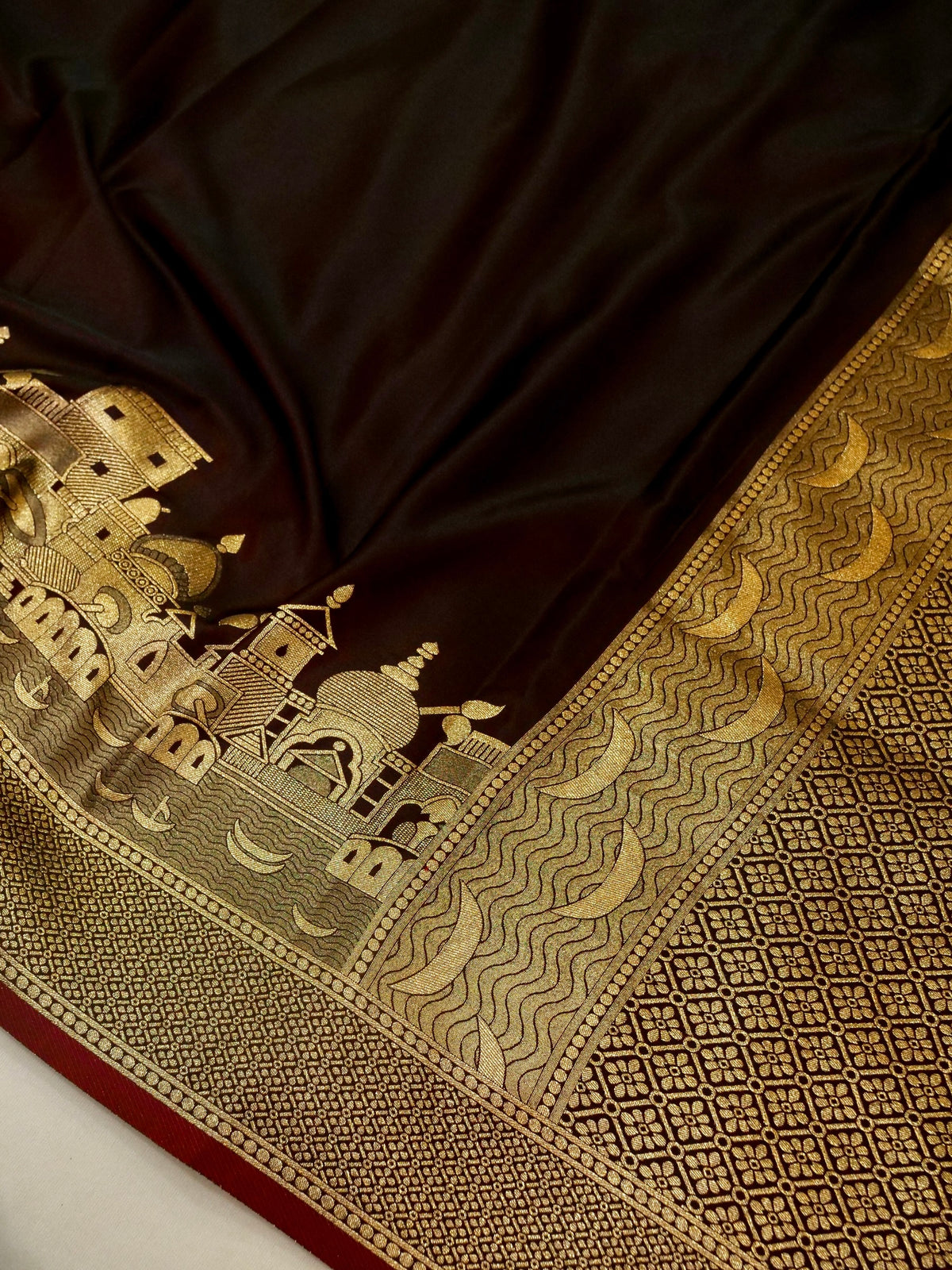 Nihar - Deep Chocolate Brown Ghat Border Banarasi Silk Saree with Stitched Blouse