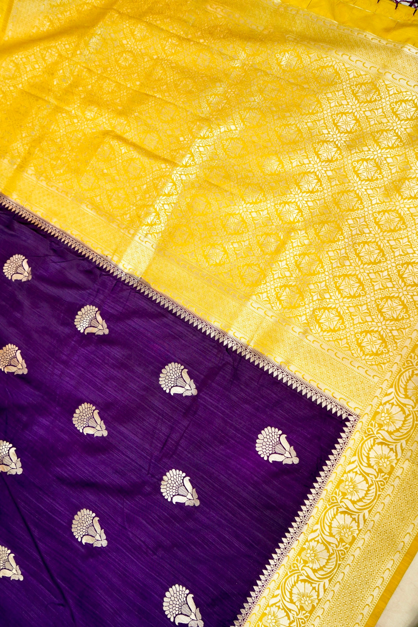 Dark Purple Raw Silk Saree with Mustard Yellow Border