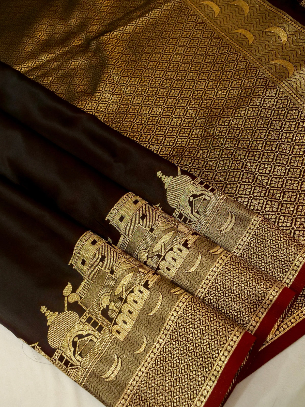 Nihar - Deep Chocolate Brown Ghat Border Banarasi Silk Saree with Stitched Blouse