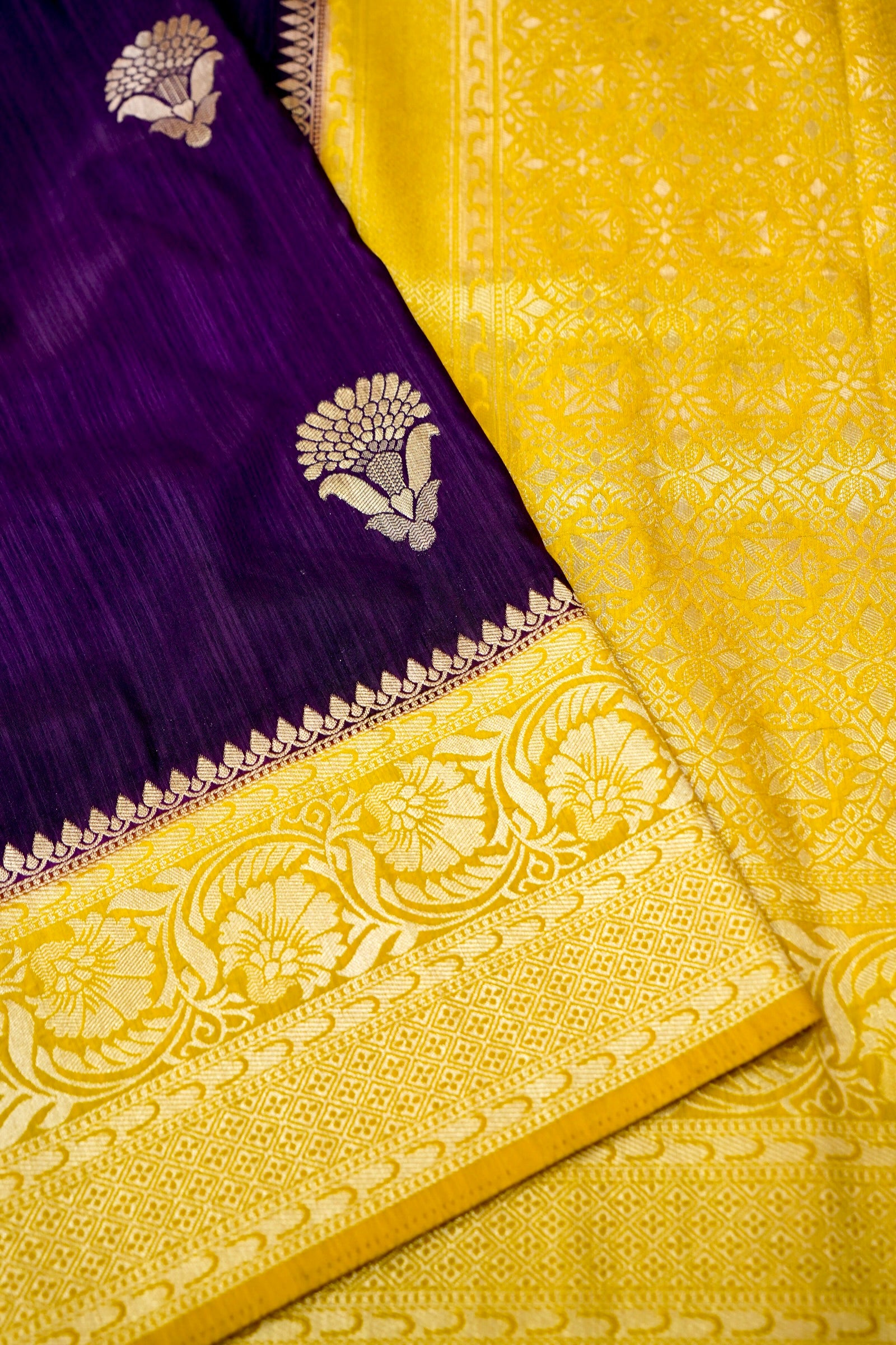 Dark Purple Raw Silk Saree with Mustard Yellow Border