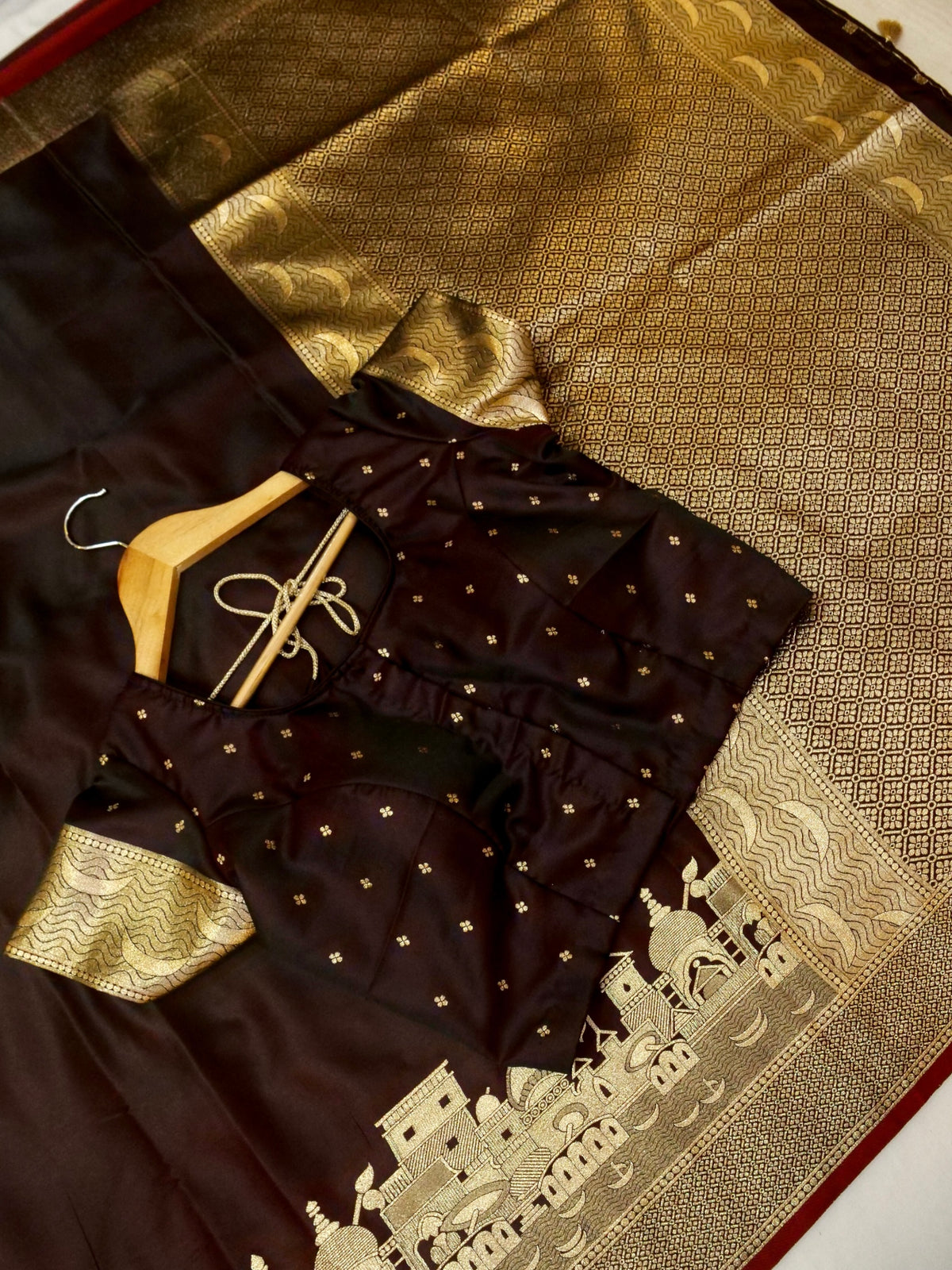 Nihar - Deep Chocolate Brown Ghat Border Banarasi Silk Saree with Stitched Blouse