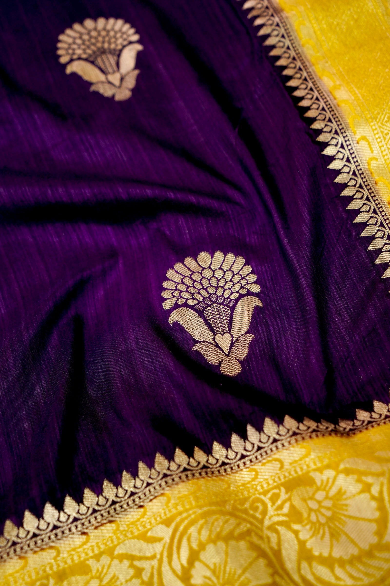 Dark Purple Raw Silk Saree with Mustard Yellow Border