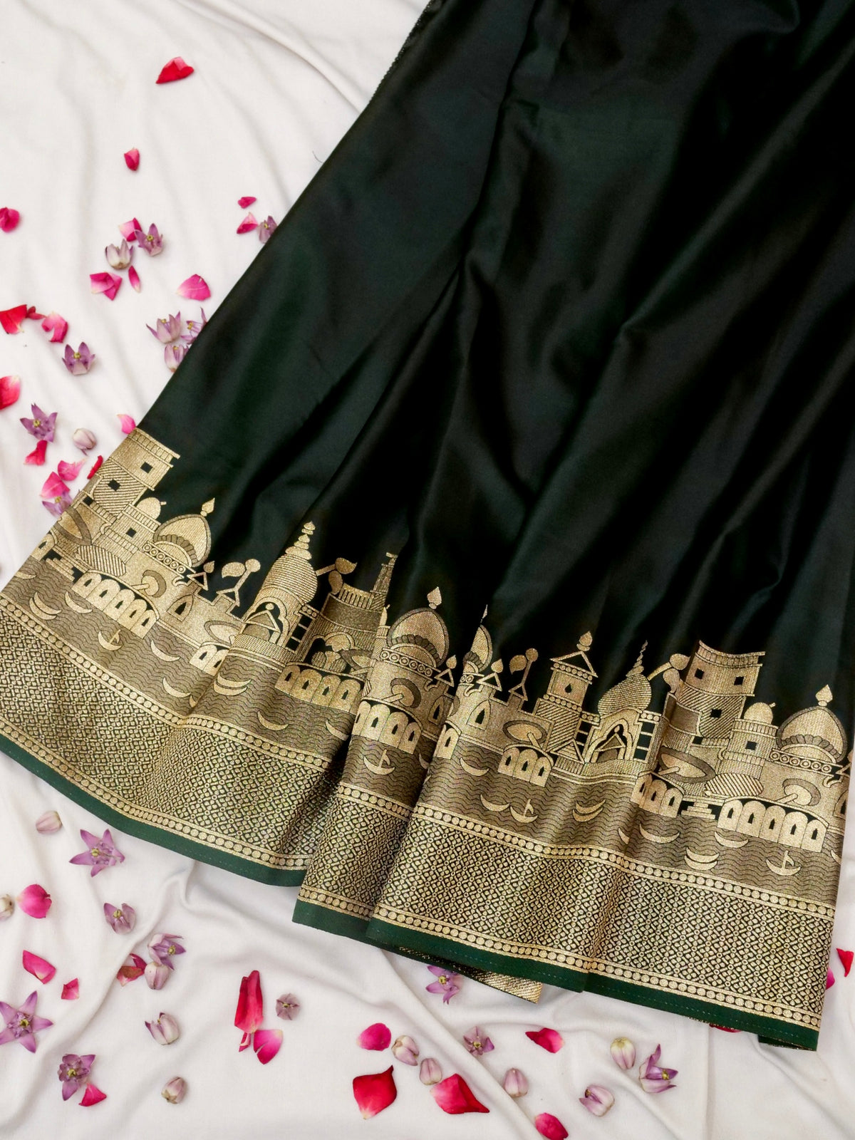 Nihar - Deep Green Ghat Border Banarasi Silk Saree with Stitched Blouse