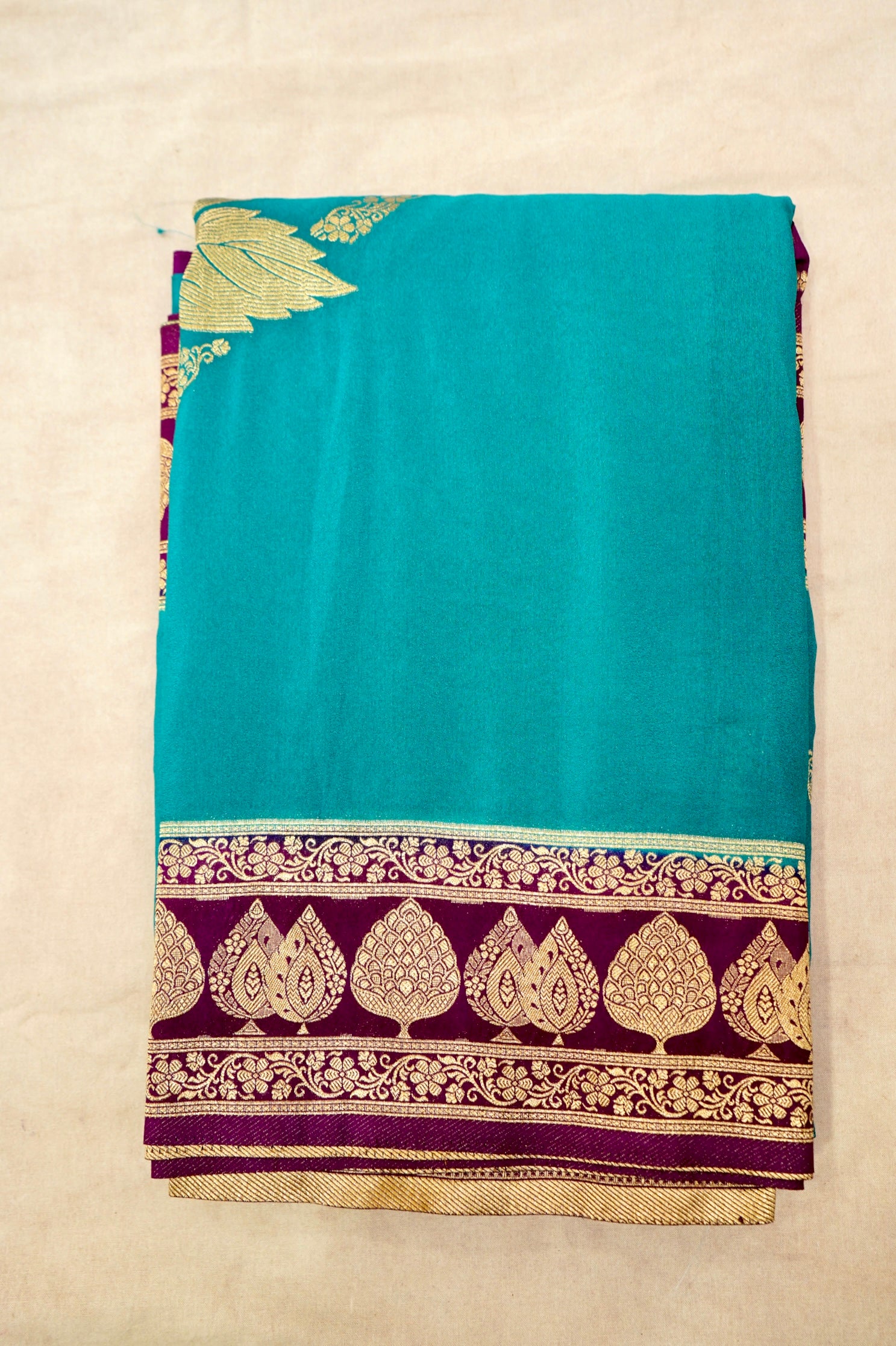 Light Blue Pure Crepe Silk Saree with Maroon Border