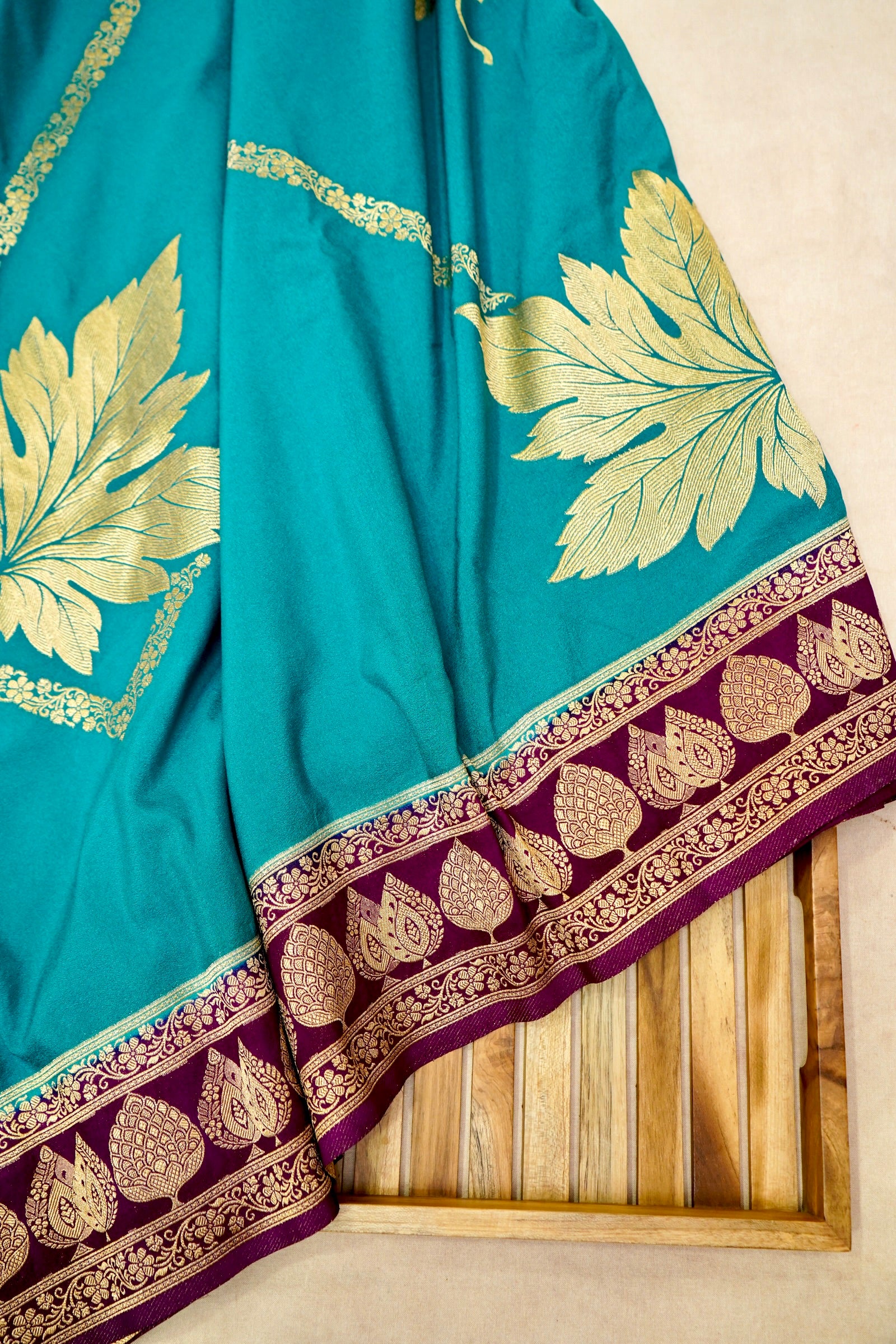 Light Blue Pure Crepe Silk Saree with Maroon Border