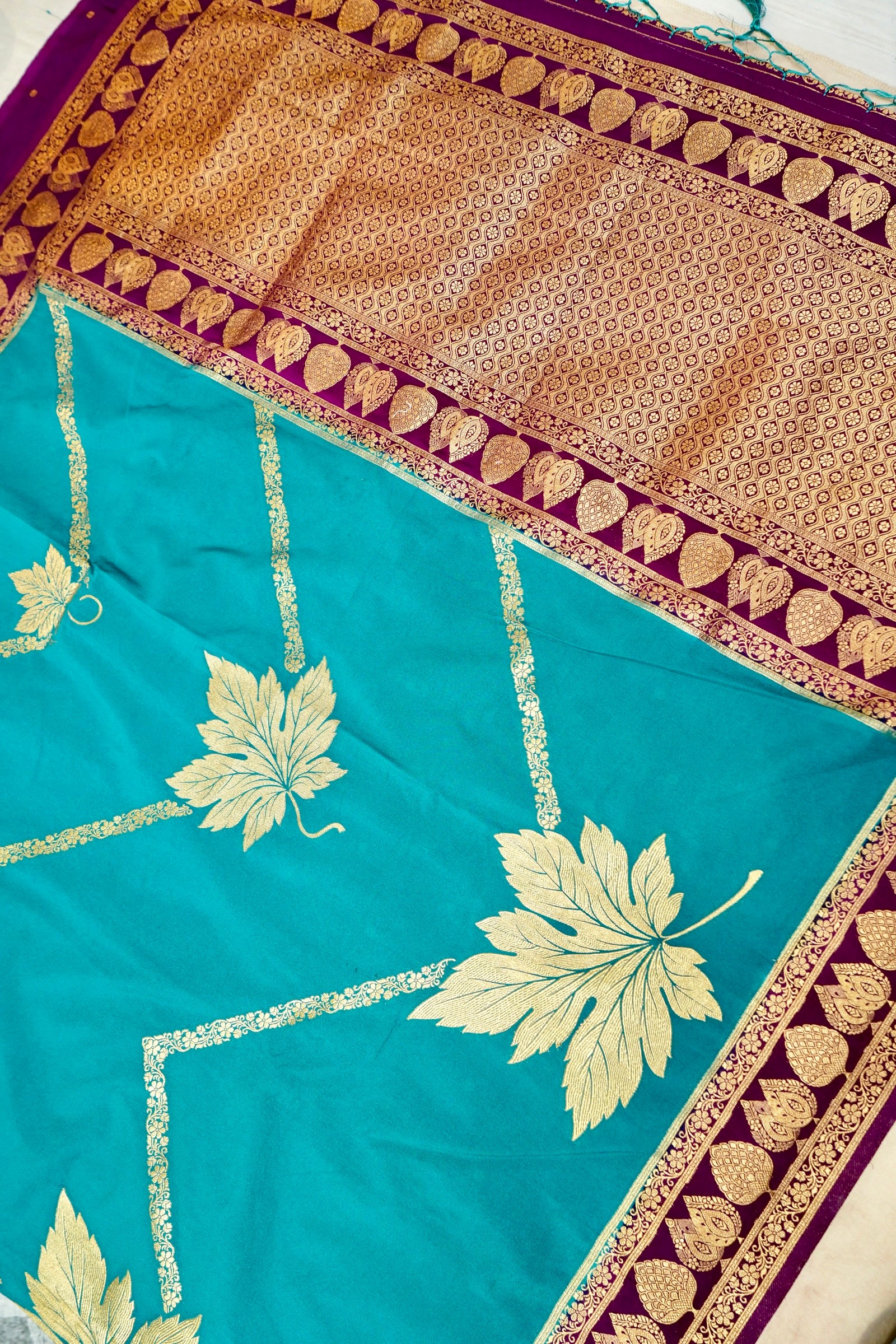 Light Blue Pure Crepe Silk Saree with Maroon Border