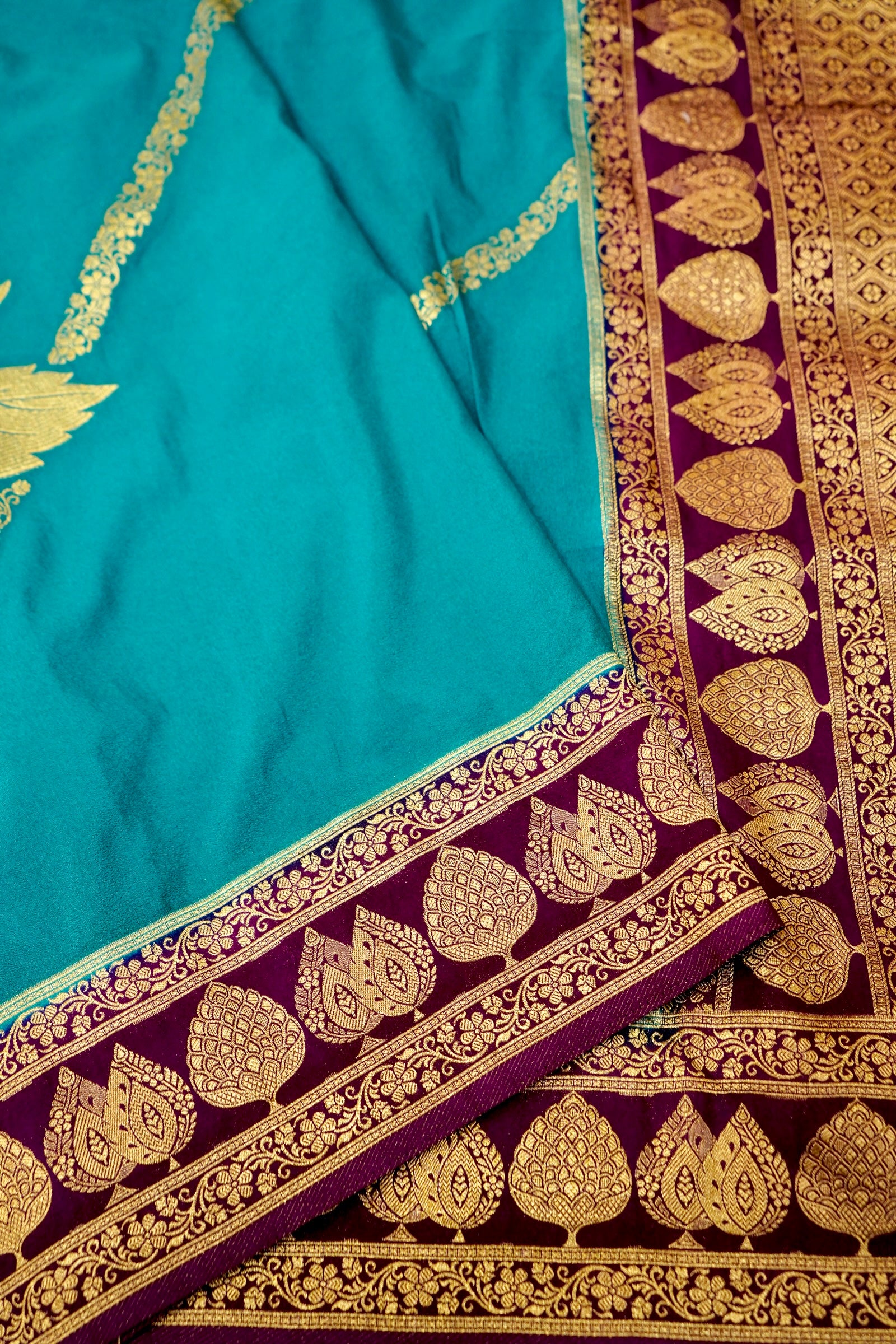 Light Blue Pure Crepe Silk Saree with Maroon Border