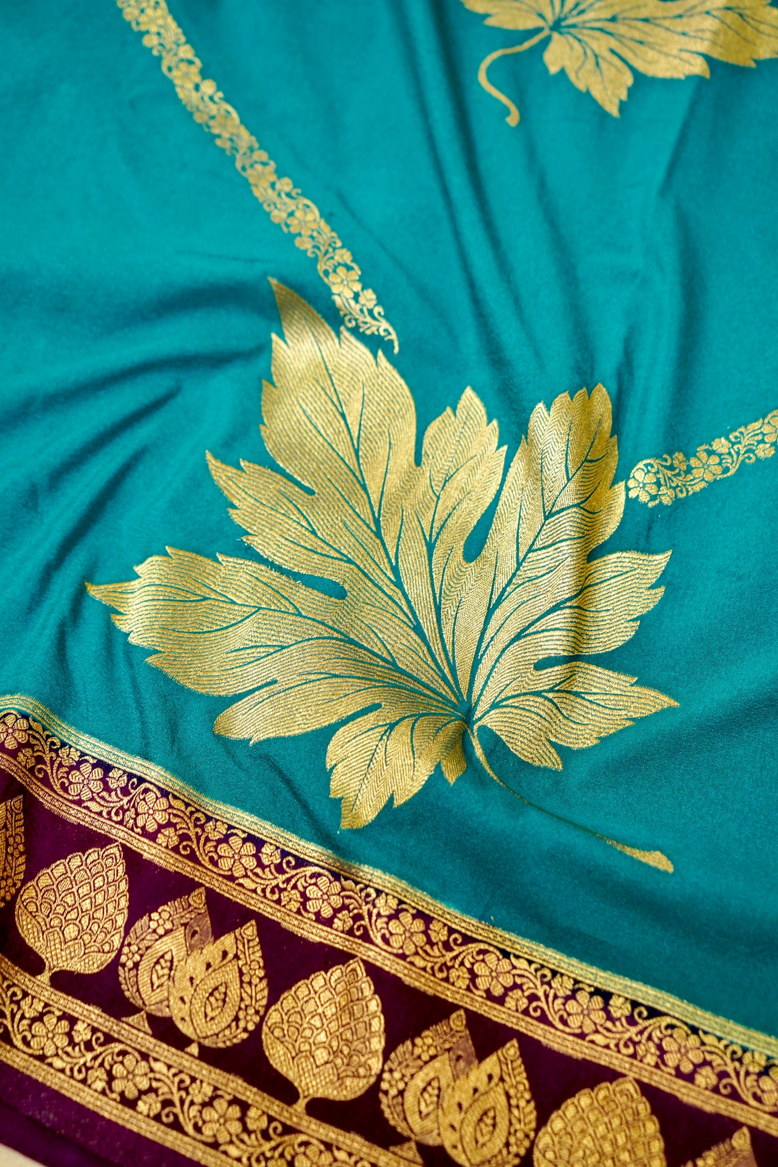 Light Blue Pure Crepe Silk Saree with Maroon Border