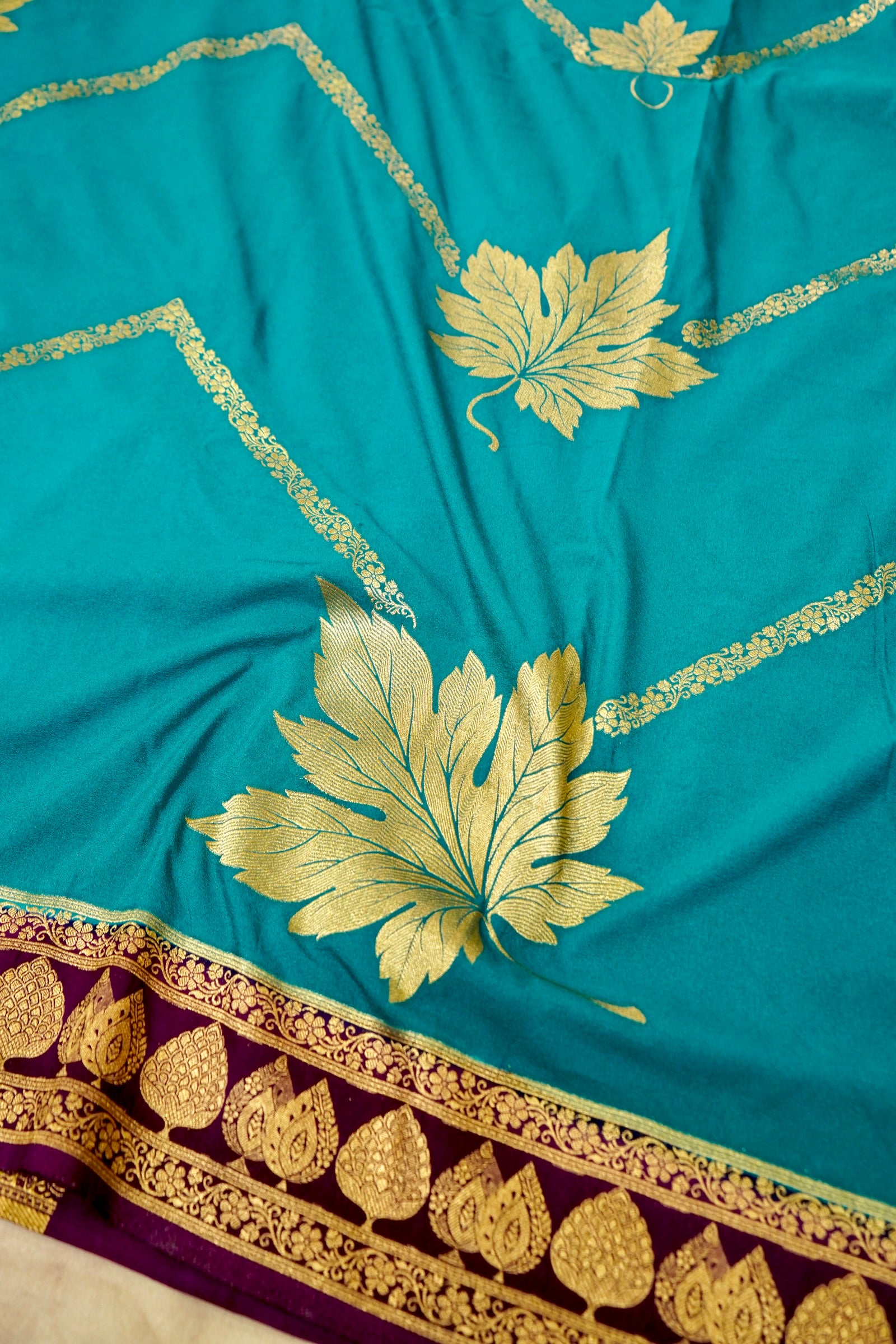 Light Blue Pure Crepe Silk Saree with Maroon Border