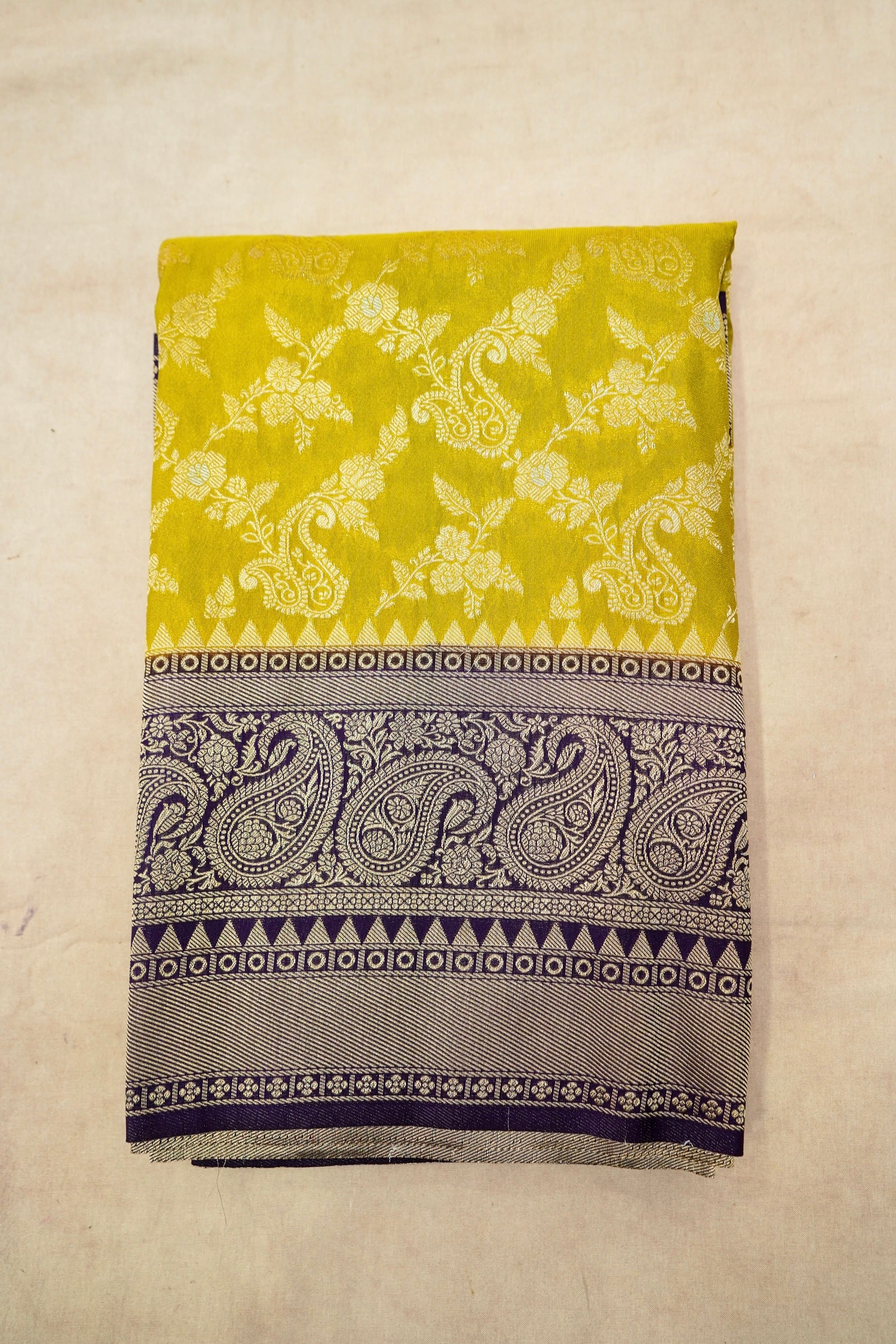 Mustard Yellow Semi Georgette Silk Saree with Purple Border