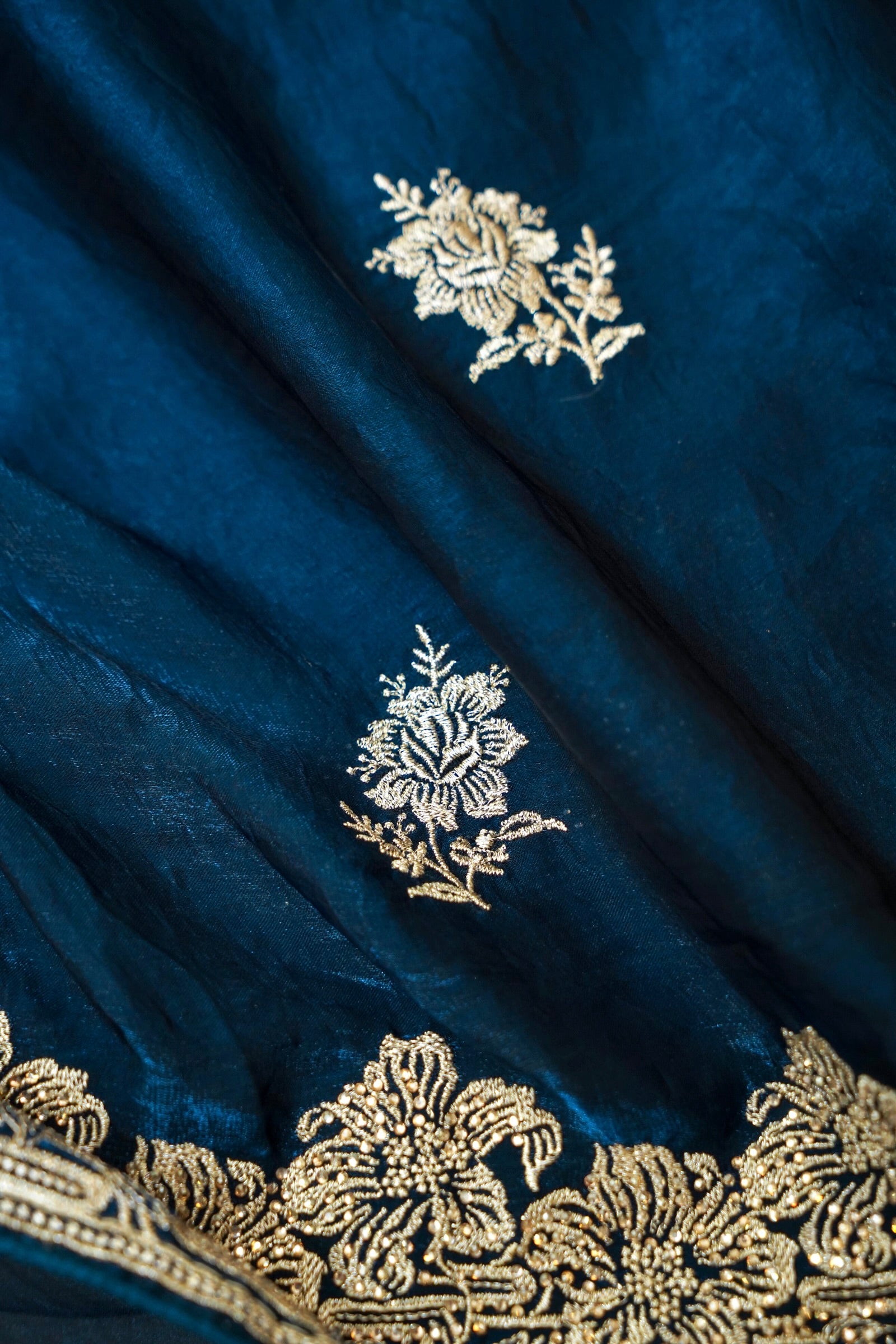 Hibiscus Motifs Designer Saree with Stitched Blouse – Royal Blue