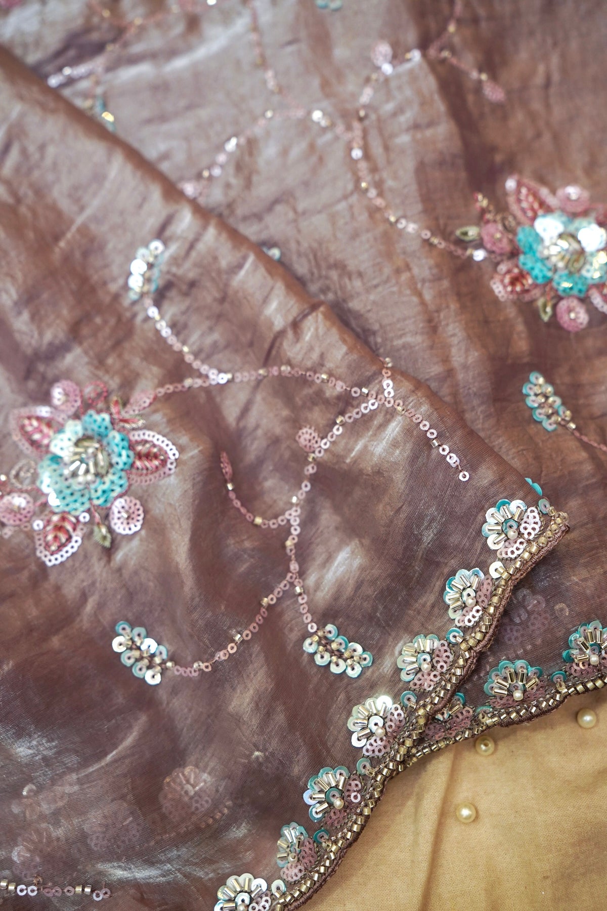 Dusty Mauve Blossom Trail Sequin Work Designer Saree