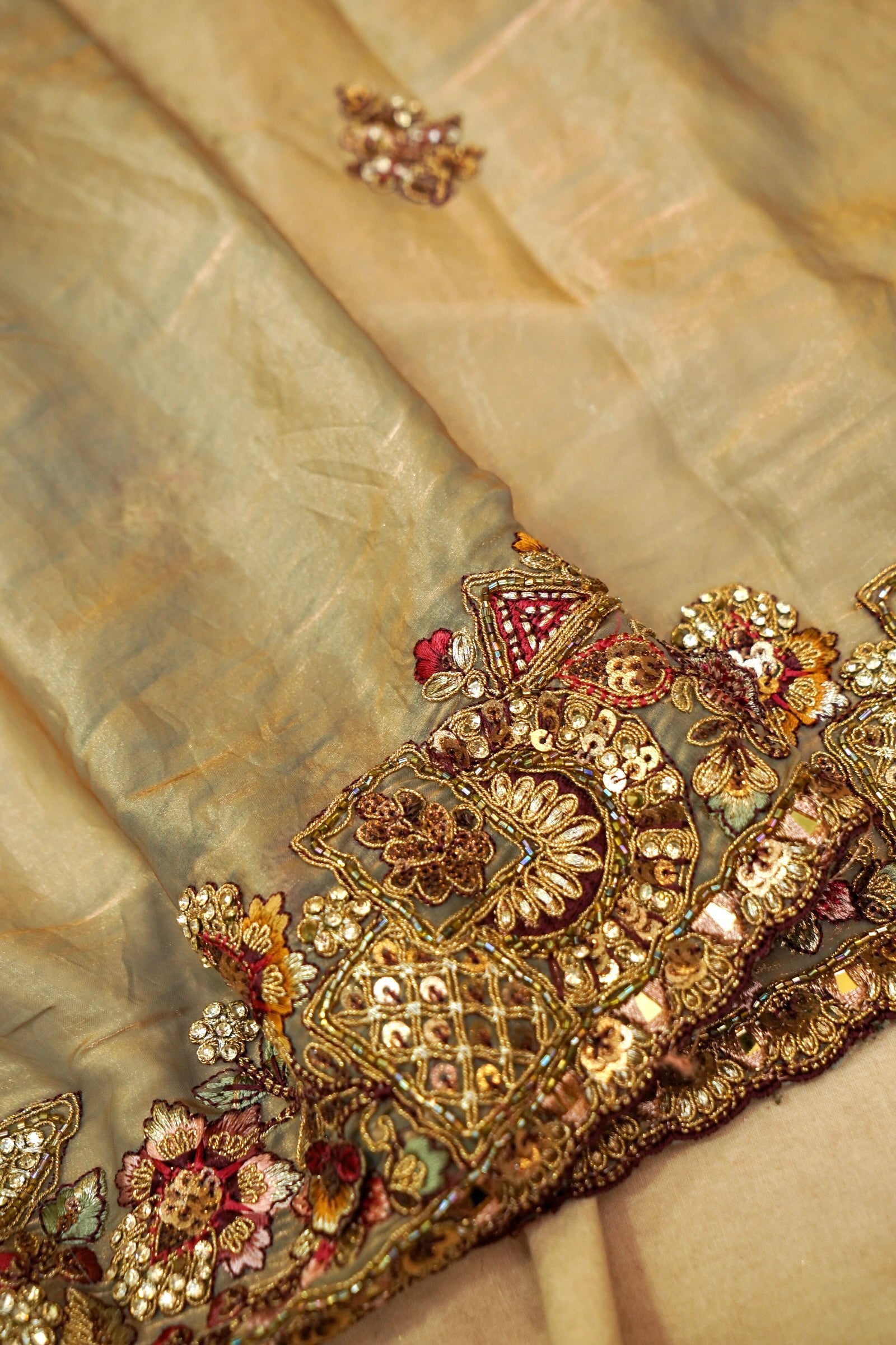 Dusty Sage Grey Heavy Embroidered Designer Tissue Saree with Stitched Blouse