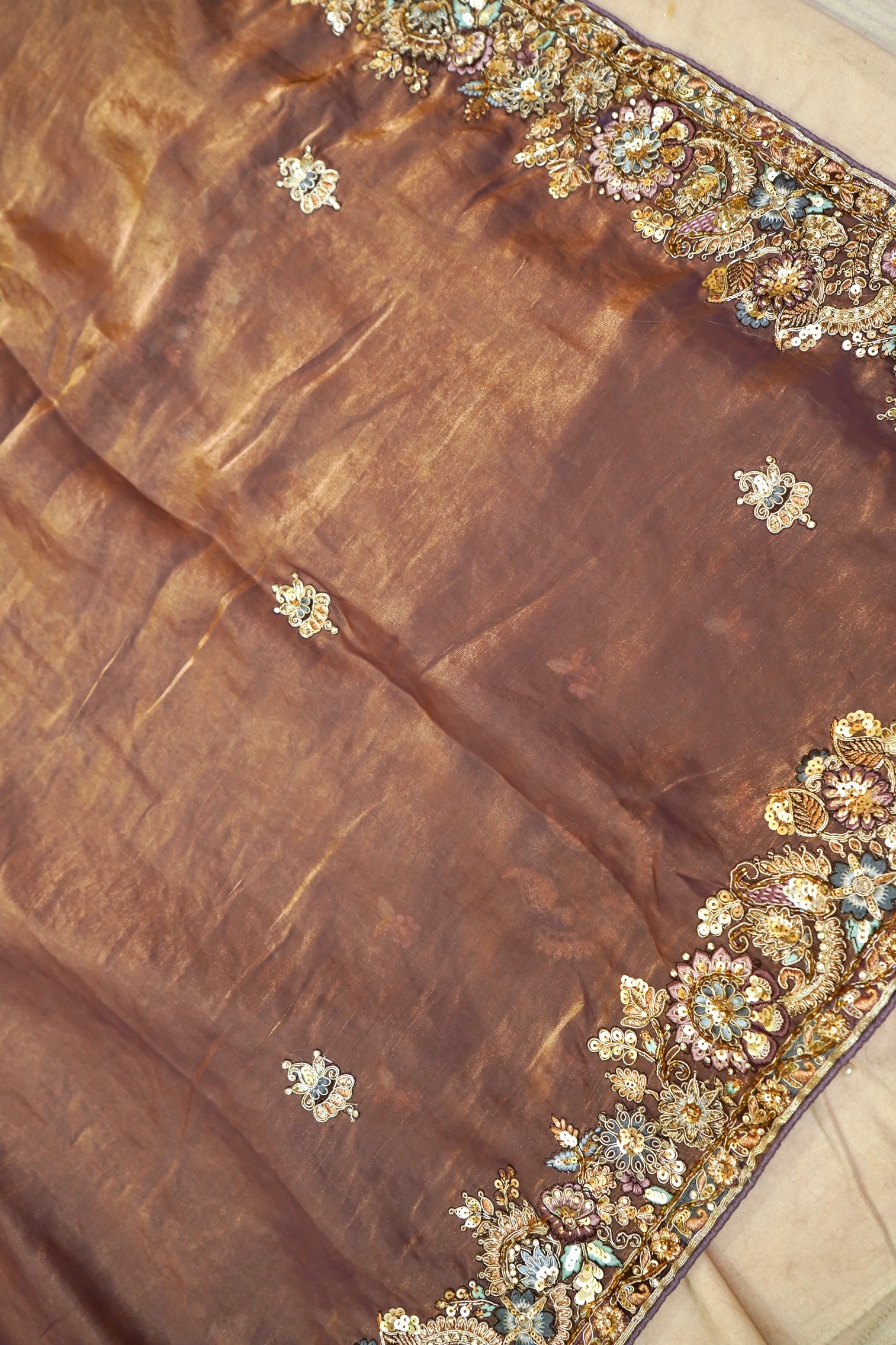 Mocha Brown Heavy Embroidered Designer Tissue Saree with Stitched Blouse