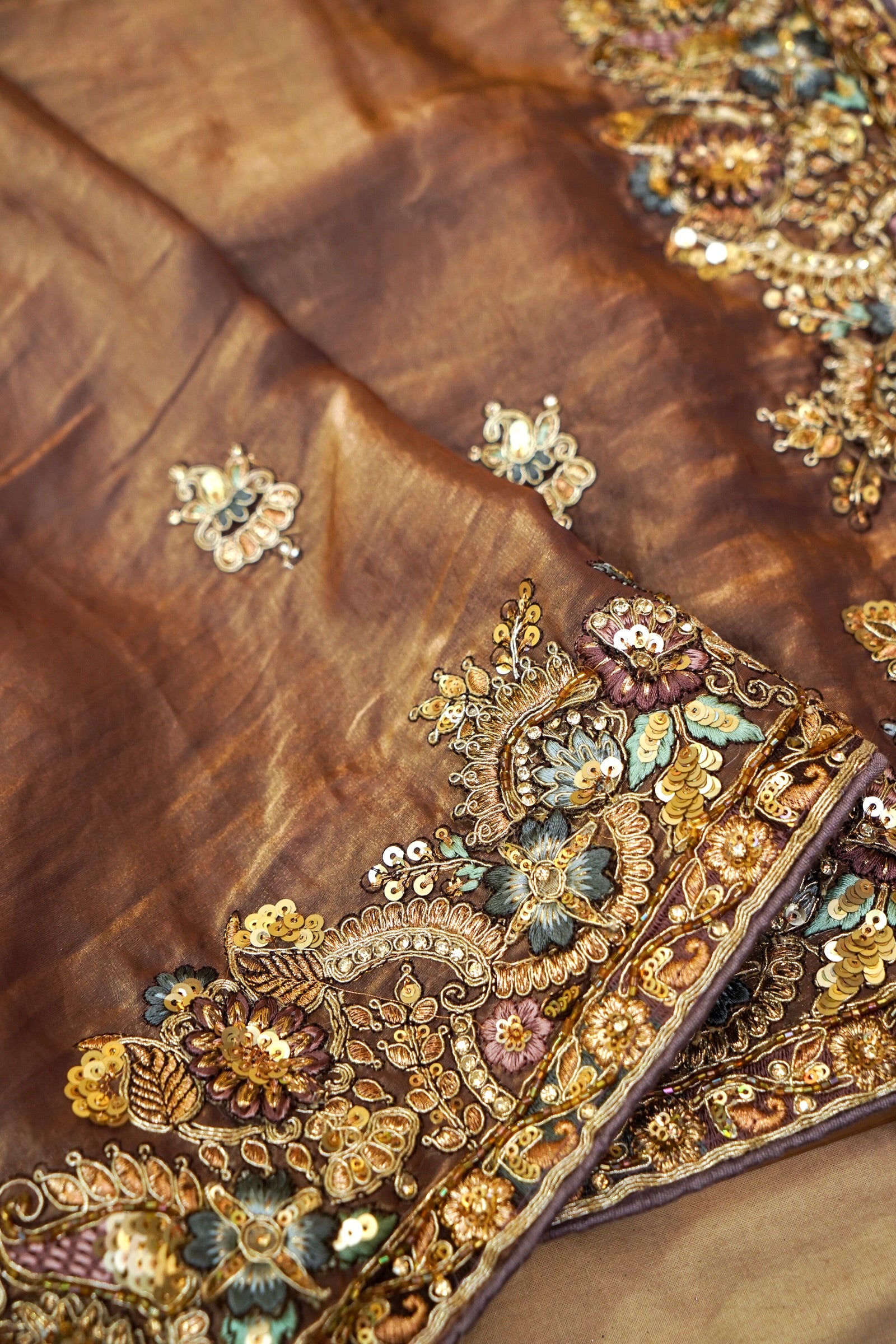 Mocha Brown Heavy Embroidered Designer Tissue Saree with Stitched Blouse