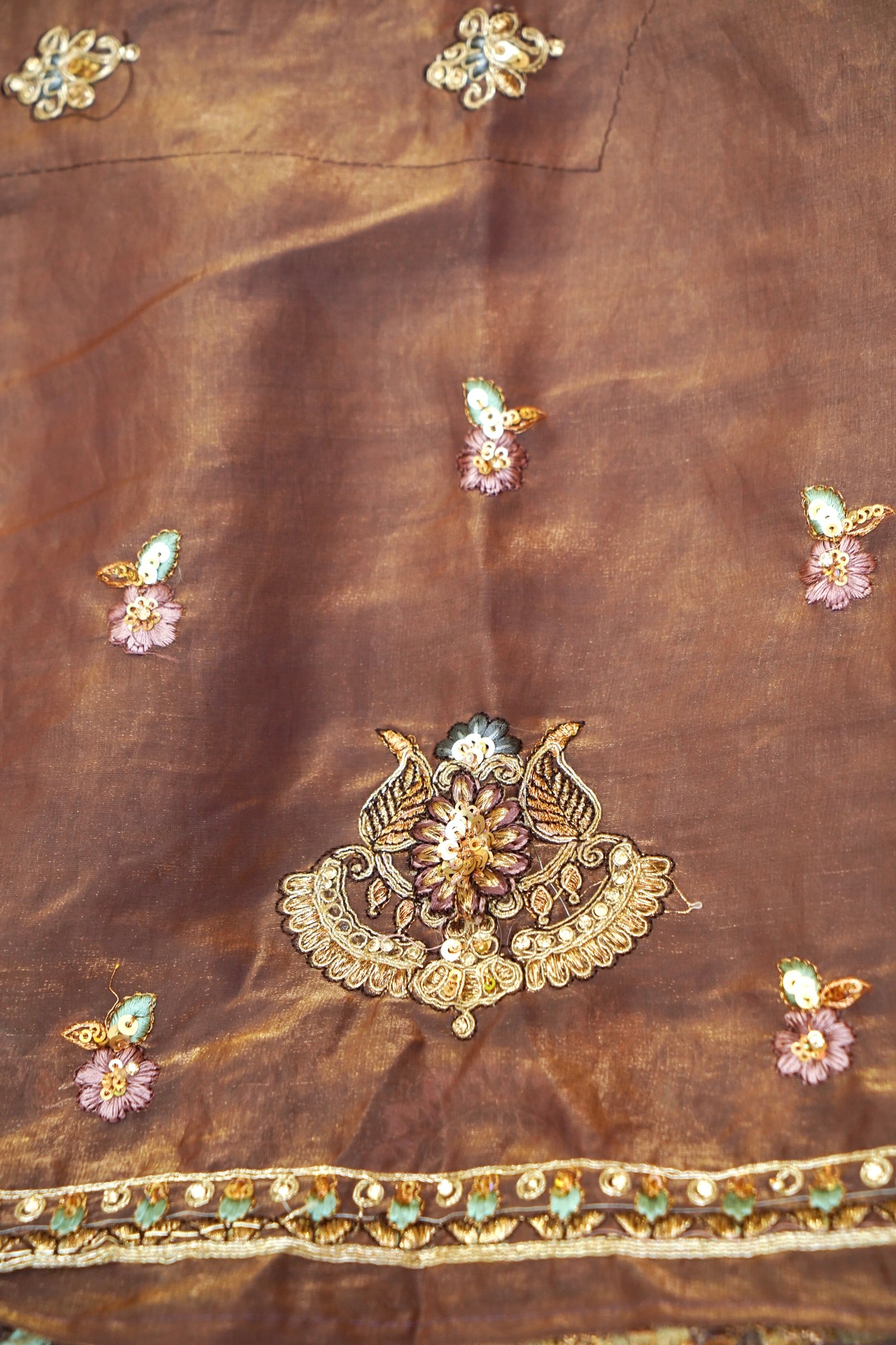 Mocha Brown Heavy Embroidered Designer Tissue Saree with Stitched Blouse