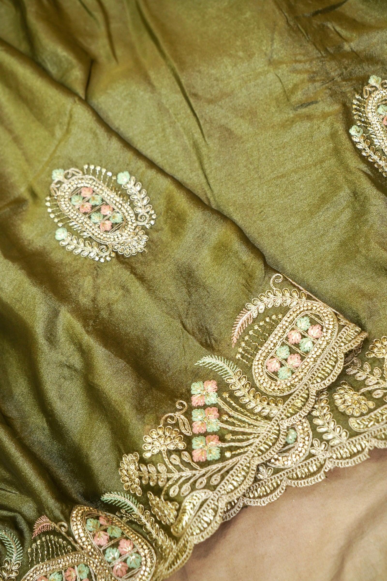 Olive Green Heavy Embroidered Work Designer Tissue Saree with Readymade Blouse
