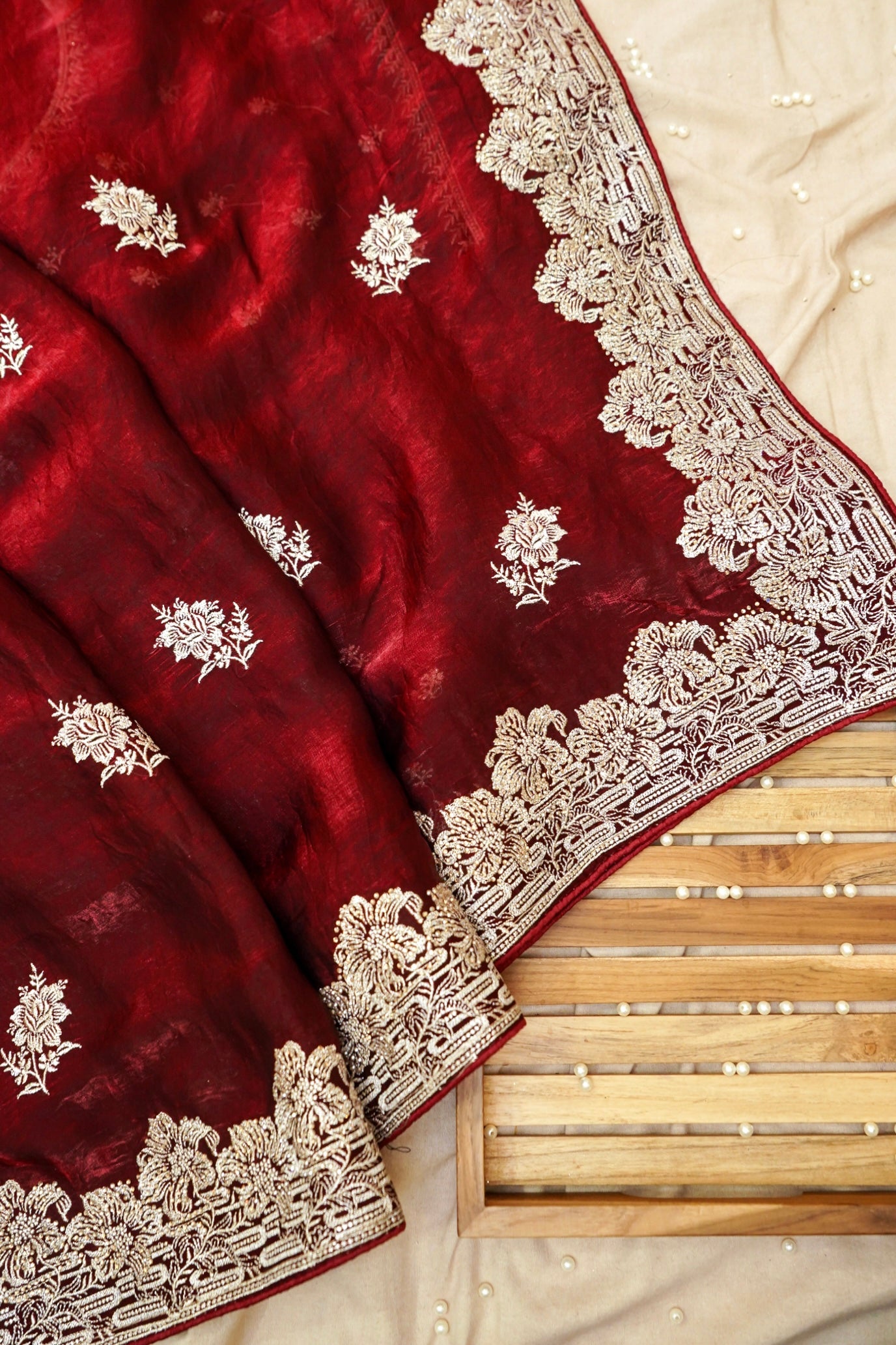 Hibiscus Motifs Designer Saree with Stitched Blouse– Wine Red