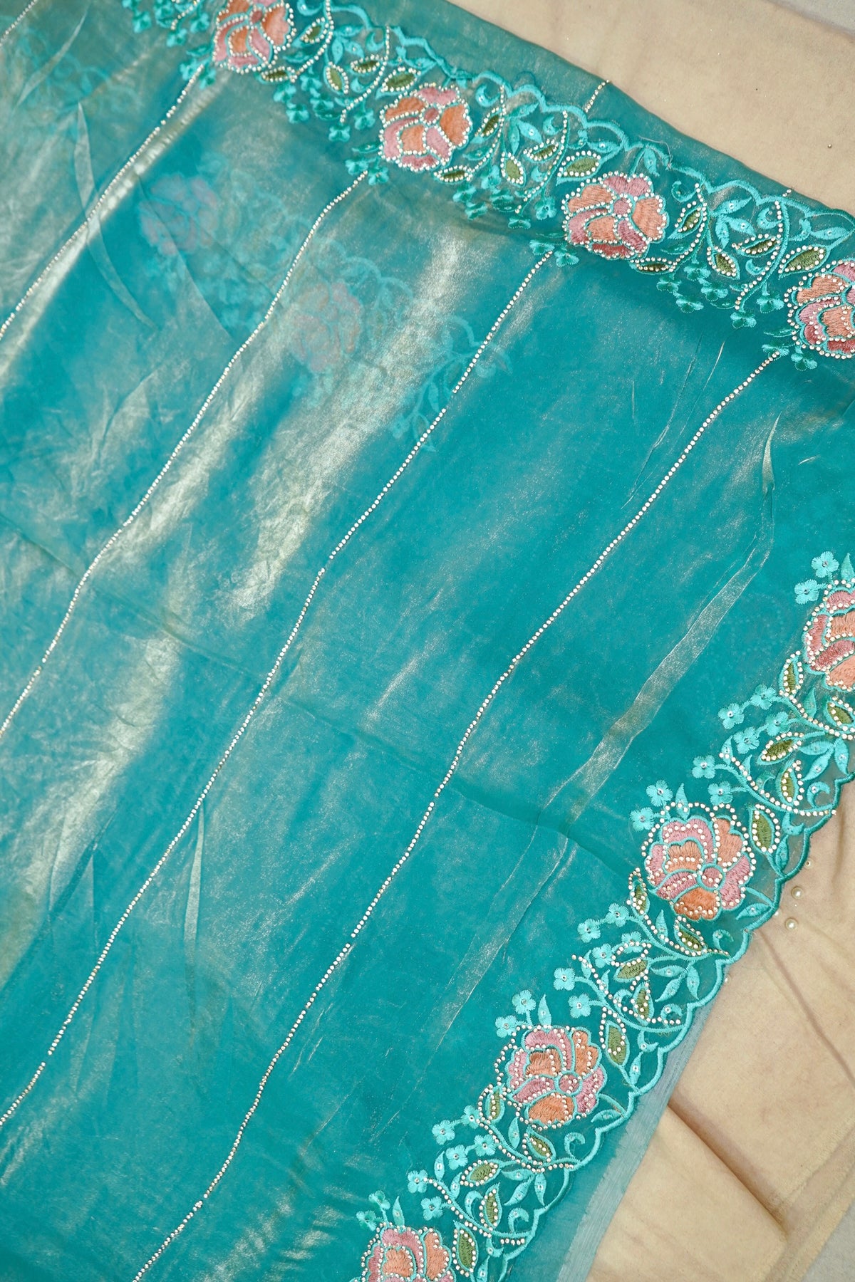 Turquoise Blue Camellia Bloom Designer Tissue Saree with Rhinestone