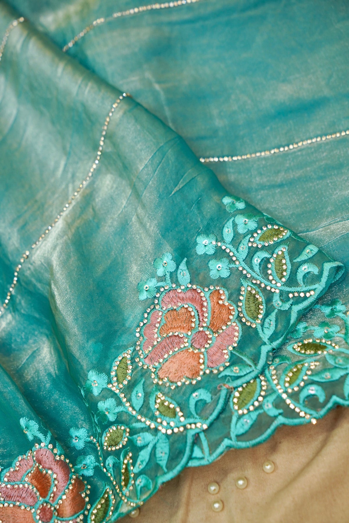 Turquoise Blue Camellia Bloom Designer Tissue Saree with Rhinestone
