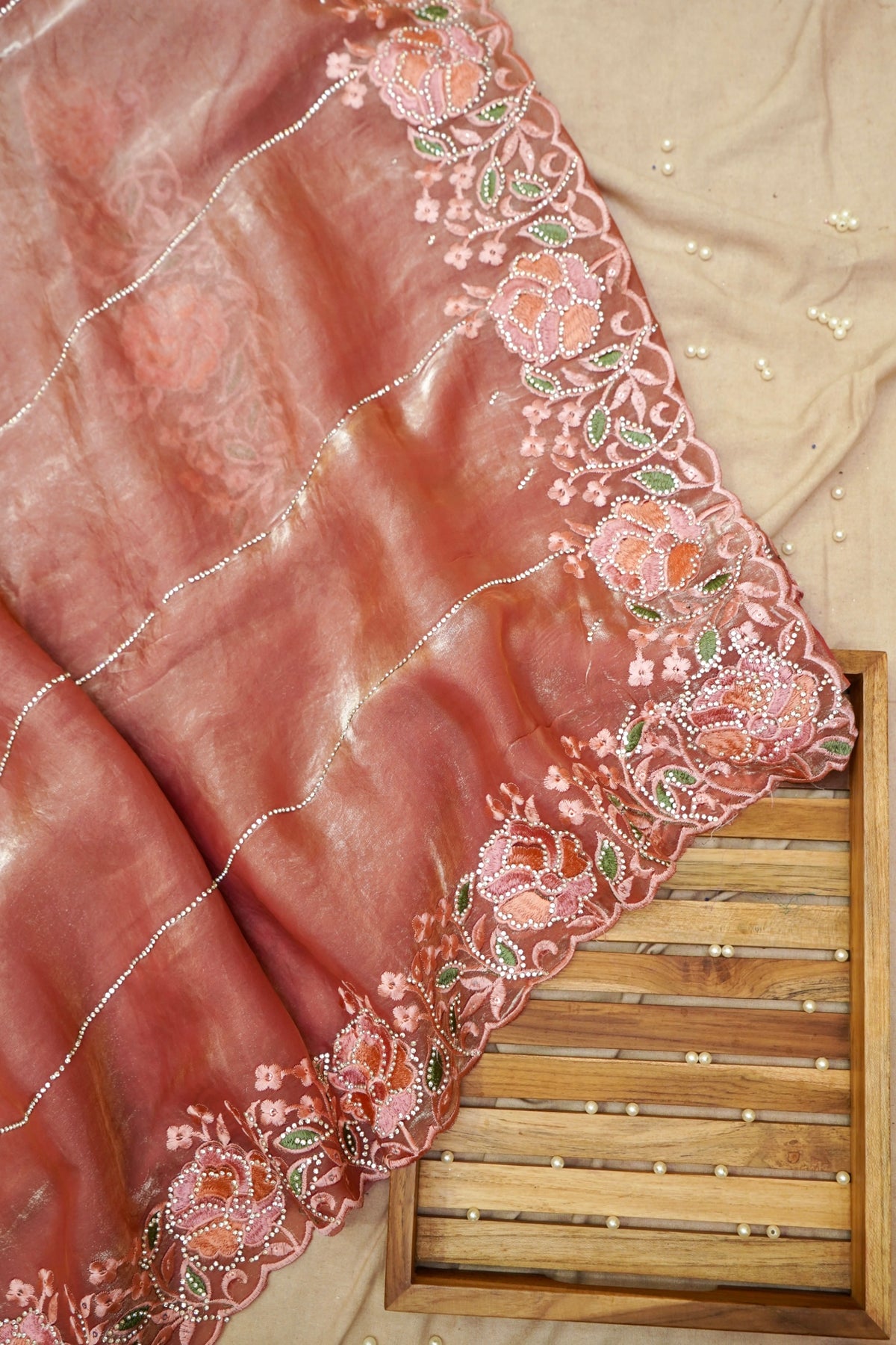 Rose Pink Camellia Bloom Designer Tissue Saree with Rhinestone