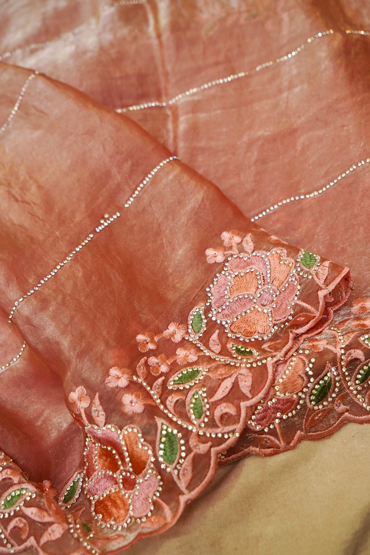 Rose Pink Camellia Bloom Designer Tissue Saree with Rhinestone