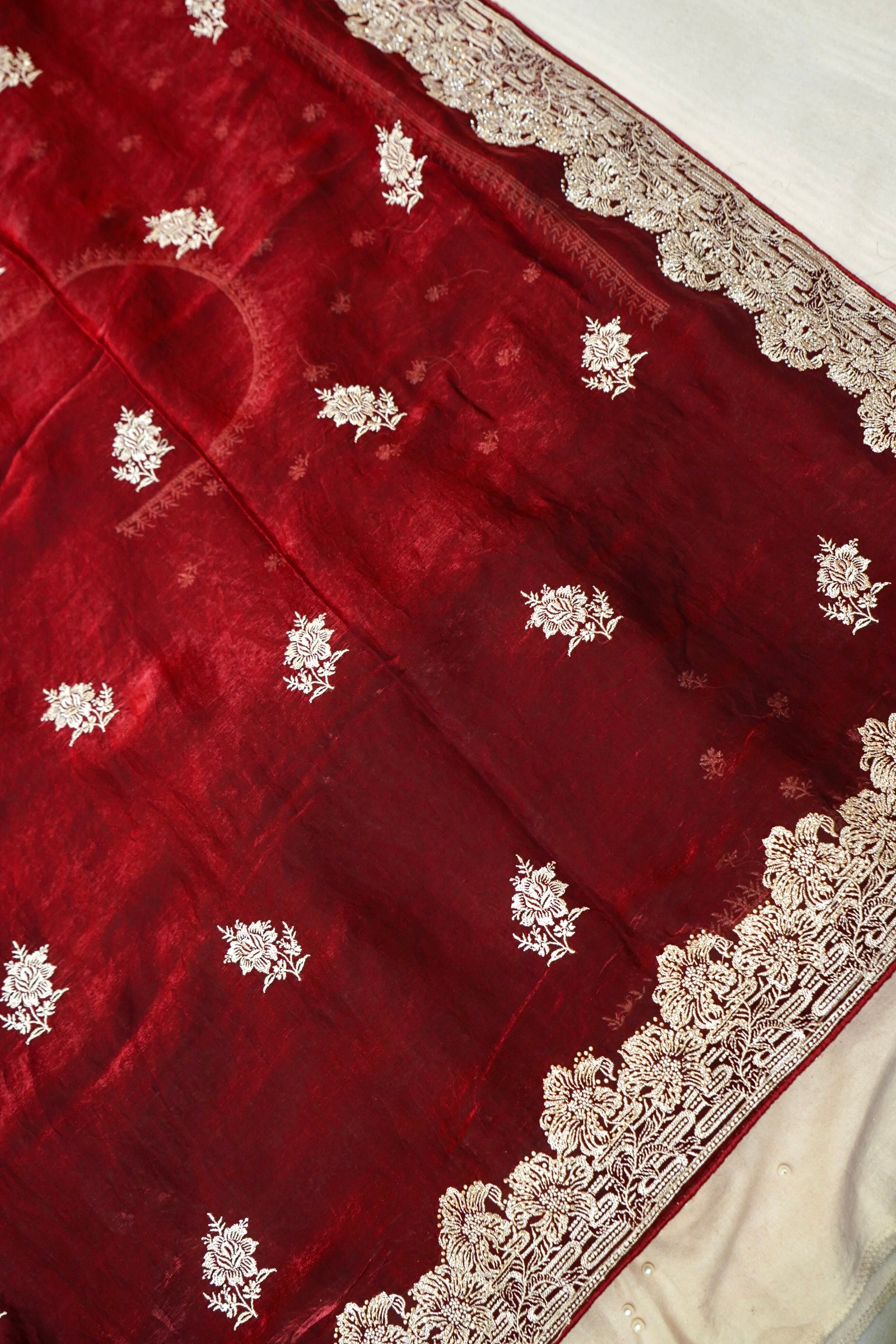 Hibiscus Motifs Designer Saree with Stitched Blouse– Wine Red