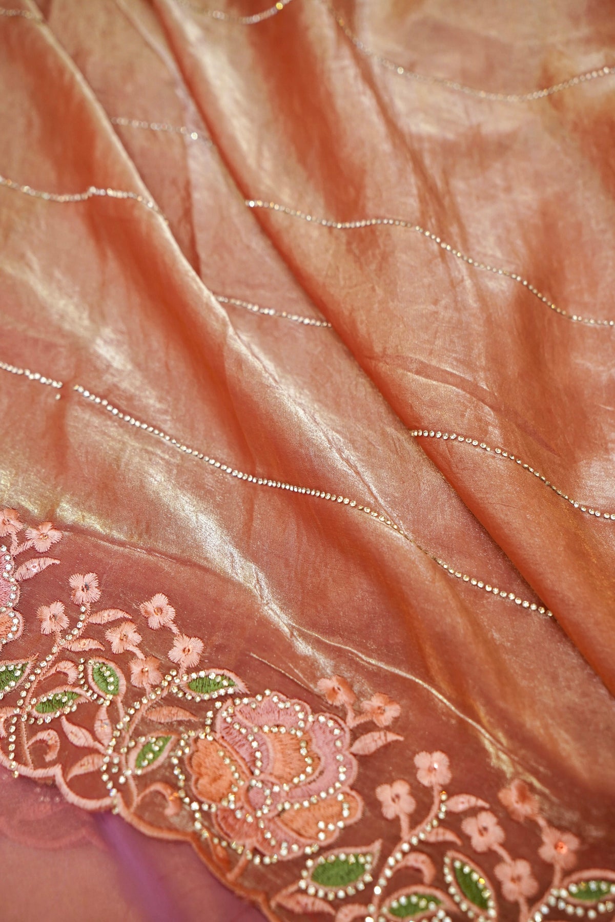 Rose Pink Camellia Bloom Designer Tissue Saree with Rhinestone