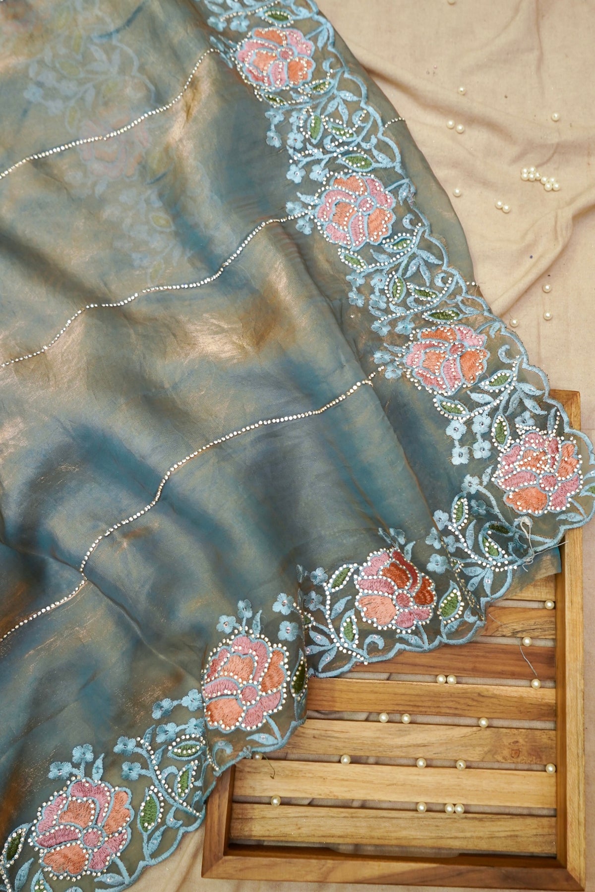 Sea Green Camellia Bloom Designer Tissue Saree with Rhinestone