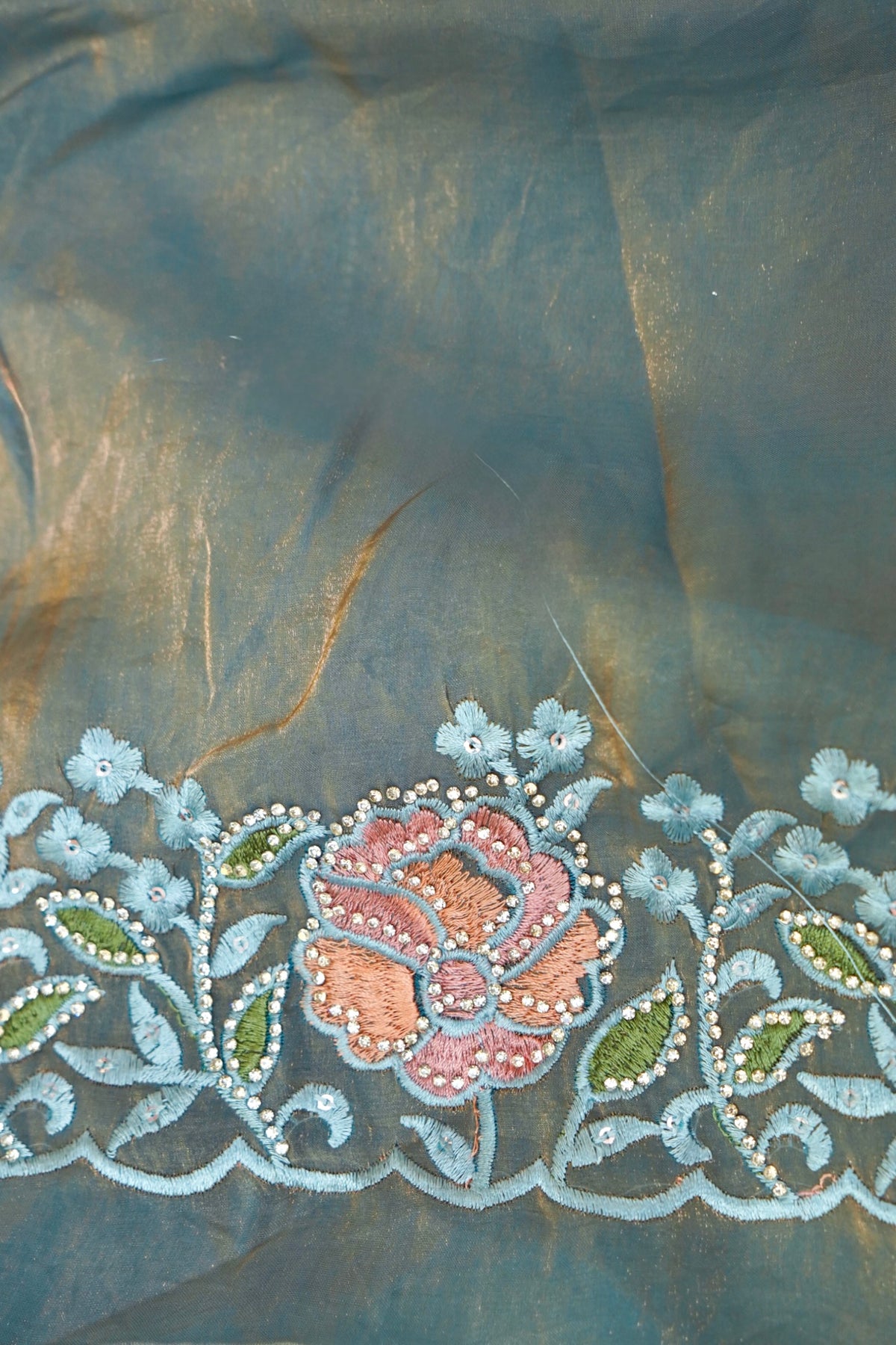 Sea Green Camellia Bloom Designer Tissue Saree with Rhinestone