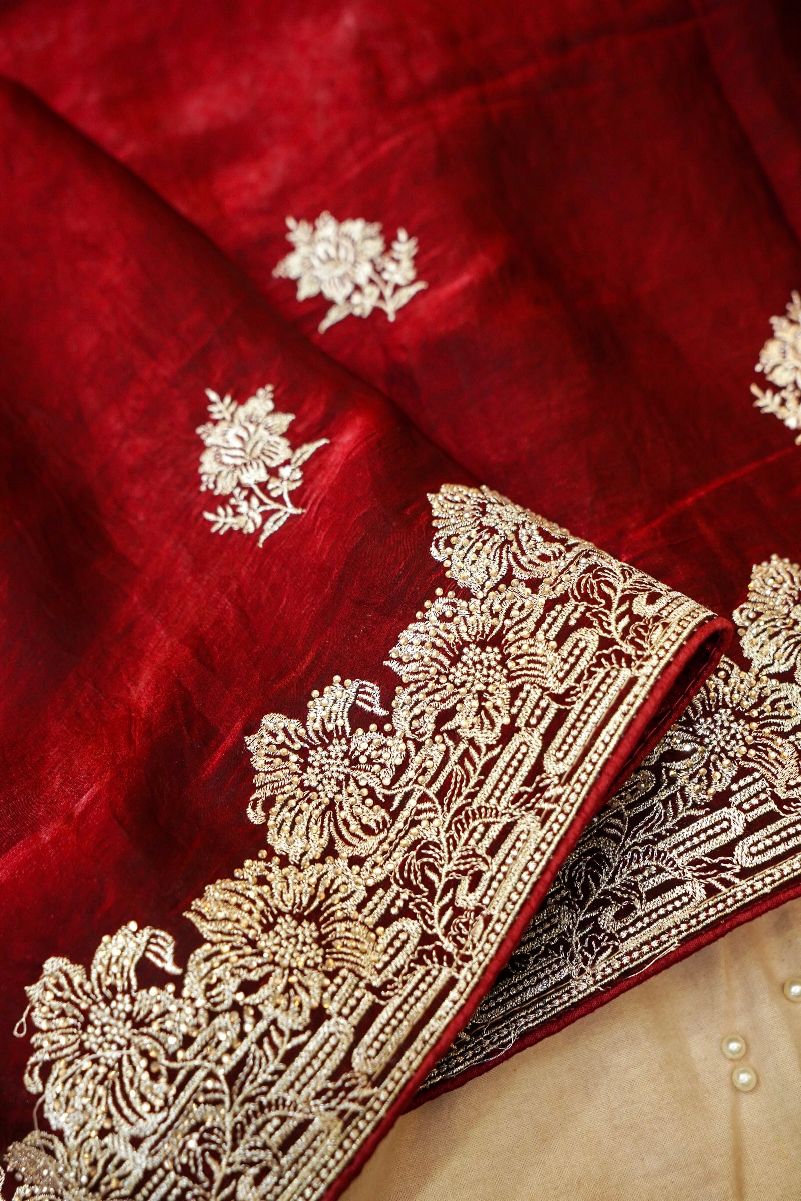 Hibiscus Motifs Designer Saree with Stitched Blouse– Wine Red