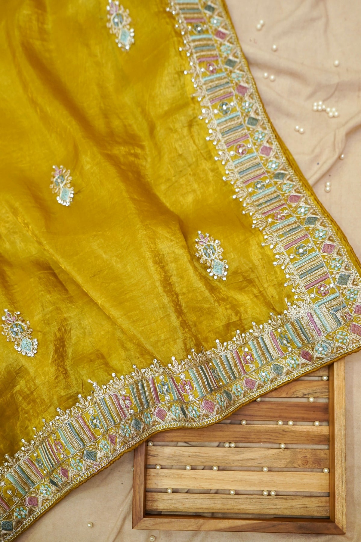 Mosaic Jewel Designer Tissue Saree – Mustard Gold
