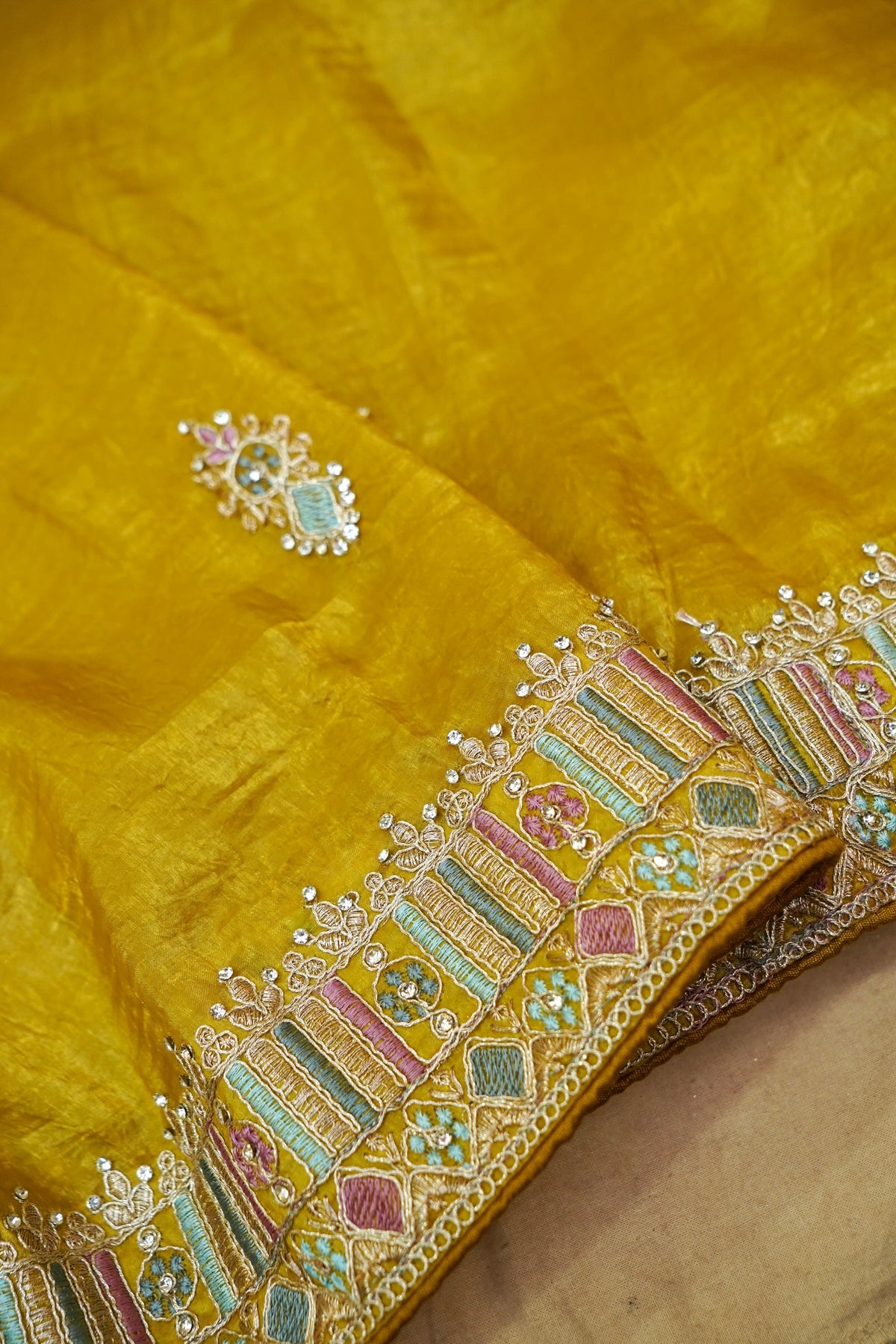 Mosaic Jewel Designer Tissue Saree – Mustard Gold