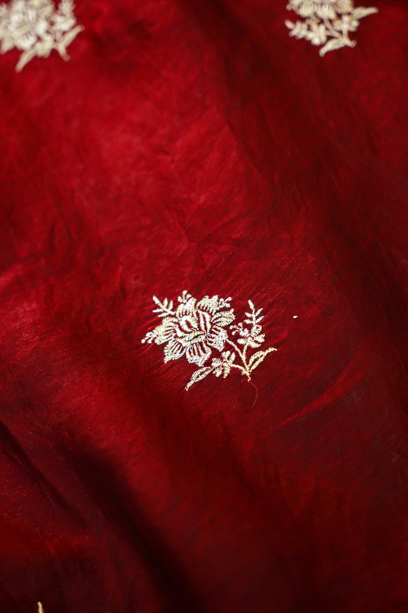 Hibiscus Motifs Designer Saree with Stitched Blouse– Wine Red