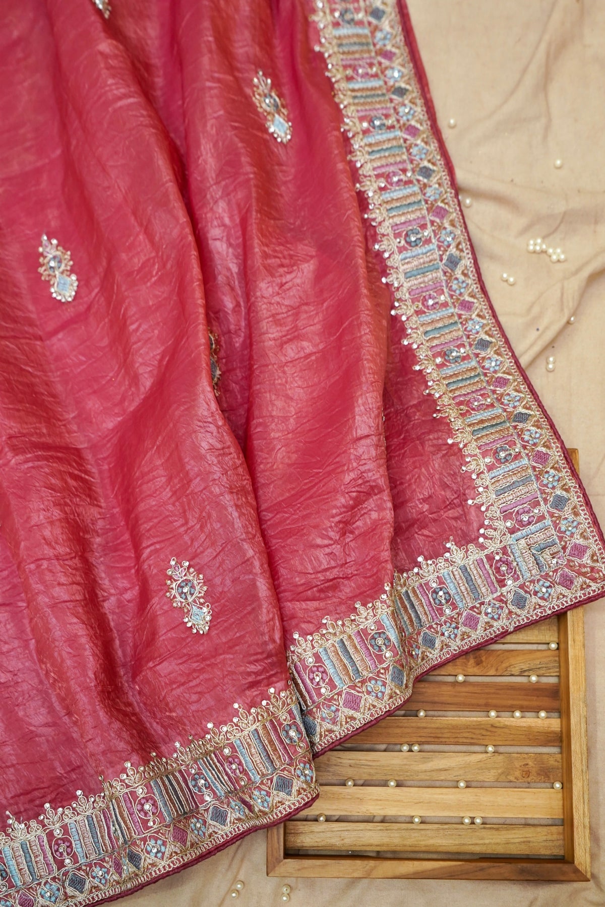 Mosaic Jewel Designer Tissue Saree – Coral Pink
