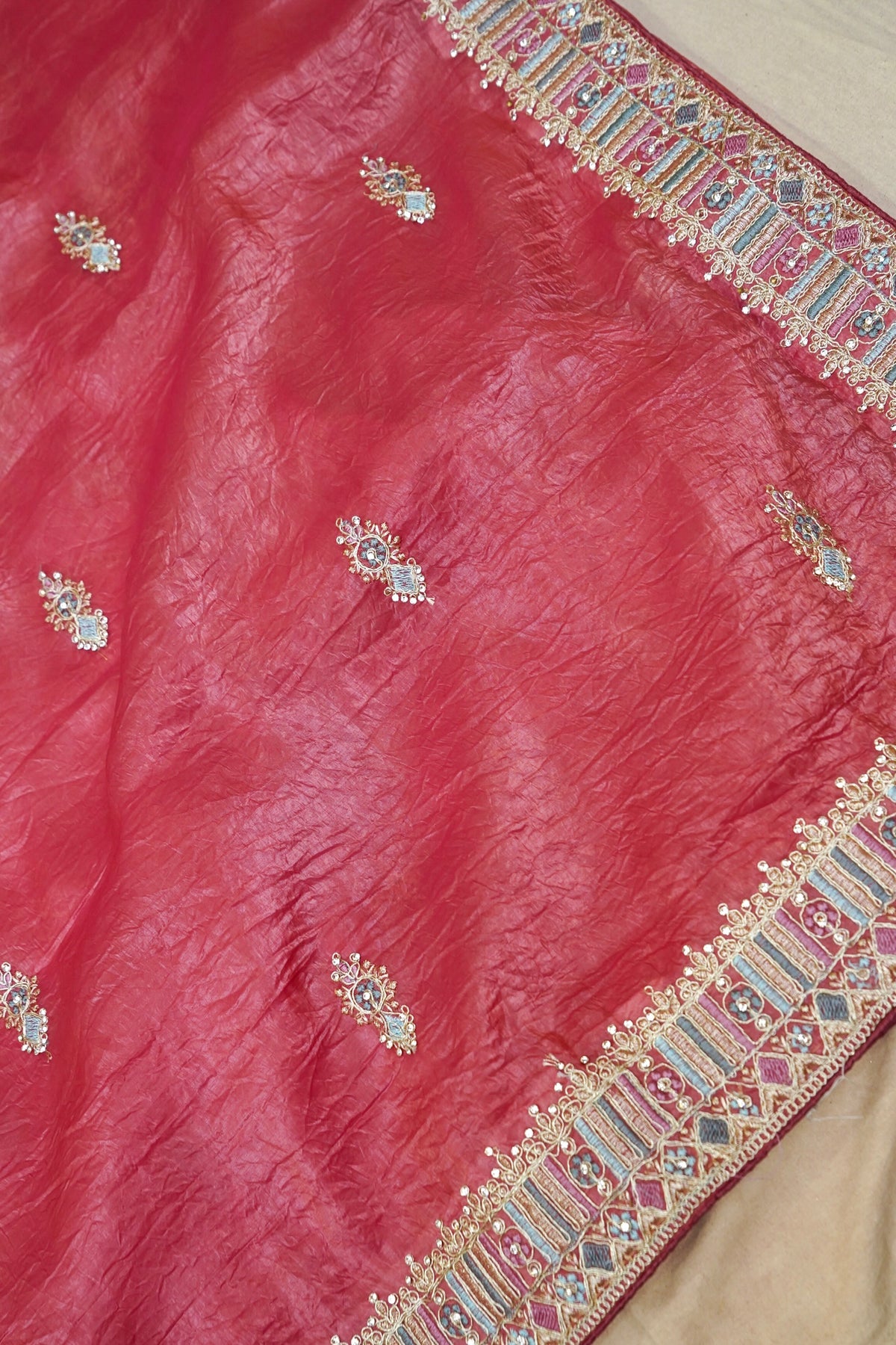 Mosaic Jewel Designer Tissue Saree – Coral Pink