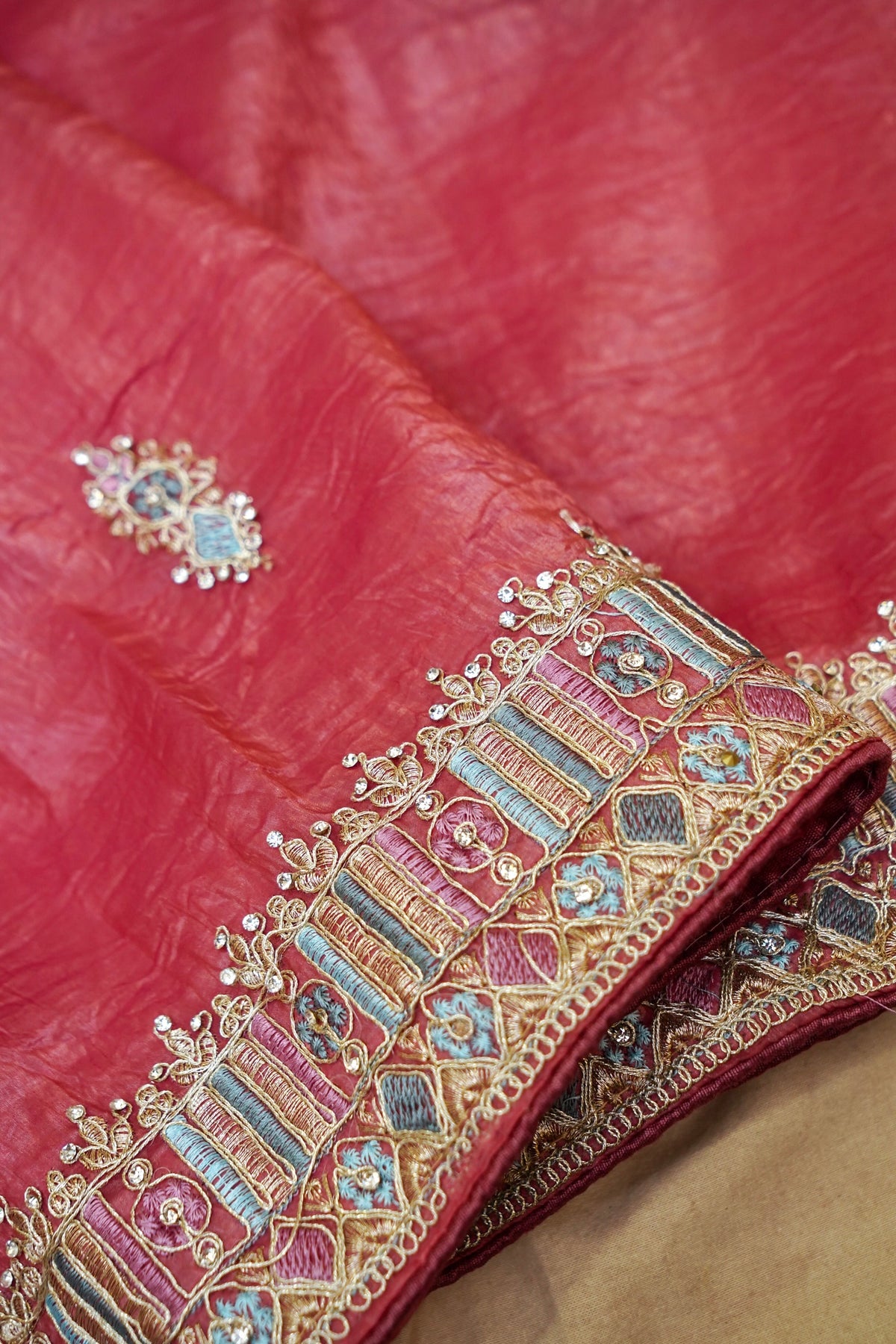 Mosaic Jewel Designer Tissue Saree – Coral Pink