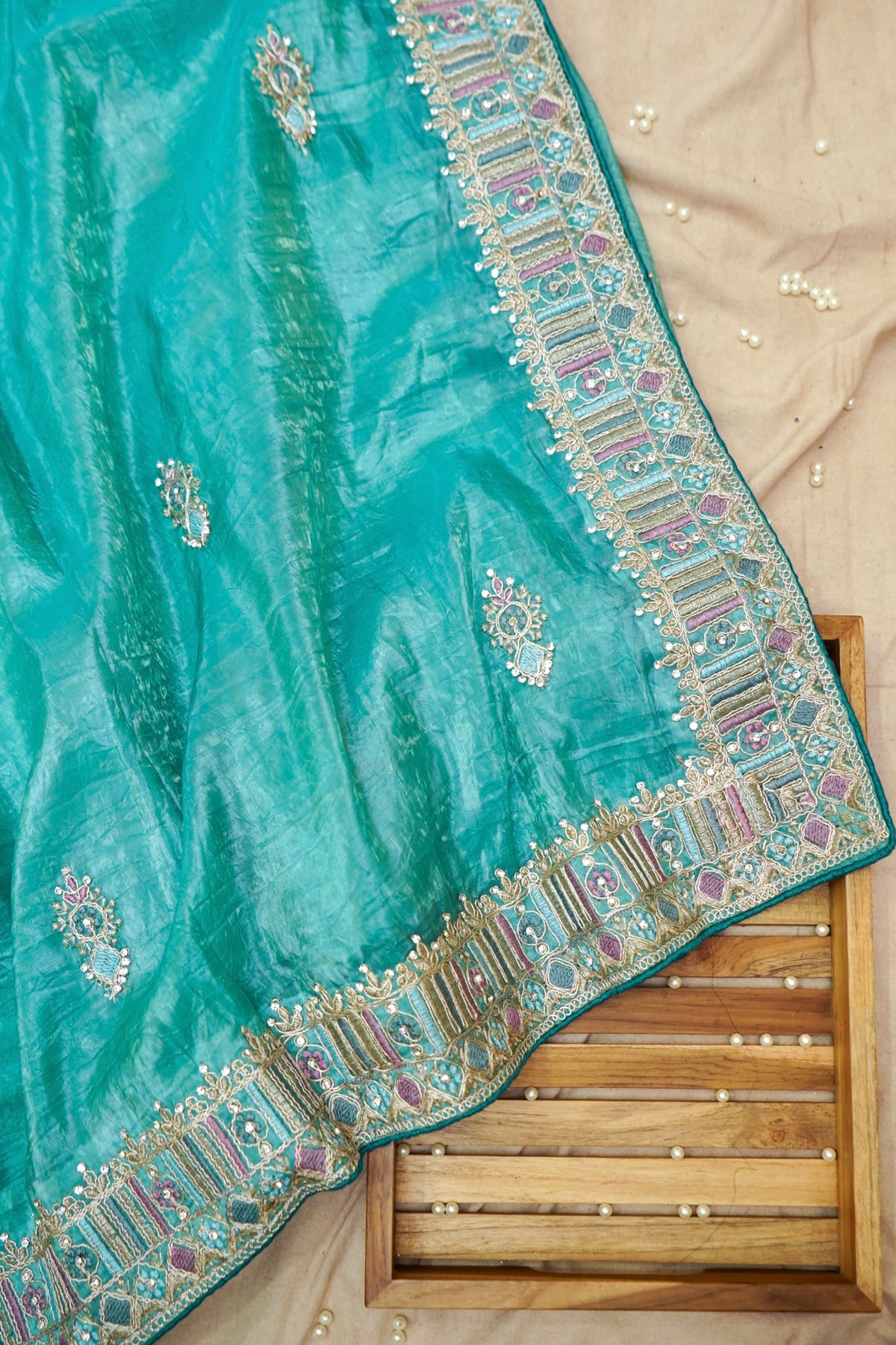 Mosaic Jewel Designer Tissue Saree – Turquoise Blue