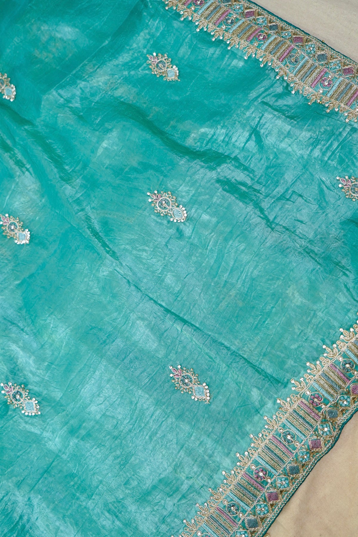 Mosaic Jewel Designer Tissue Saree – Turquoise Blue