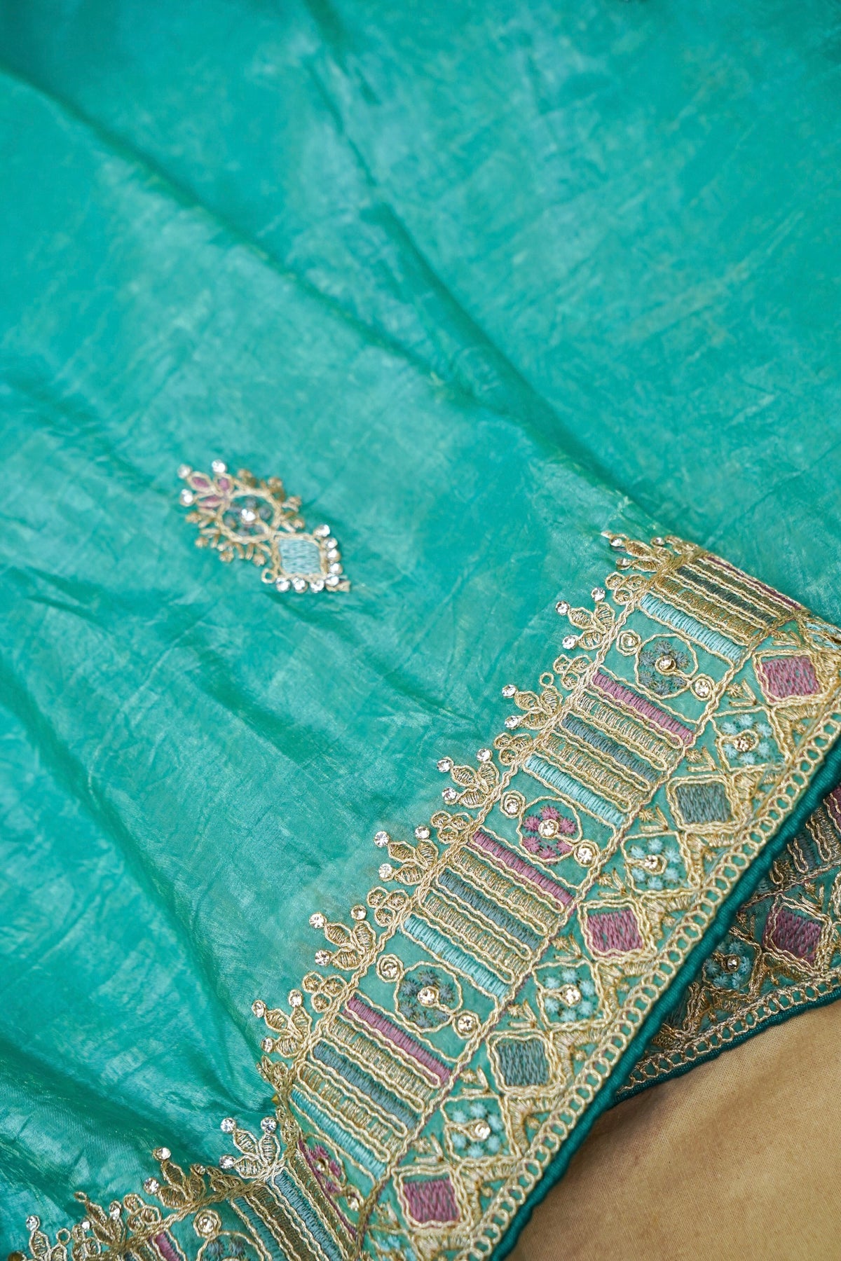 Mosaic Jewel Designer Tissue Saree – Turquoise Blue