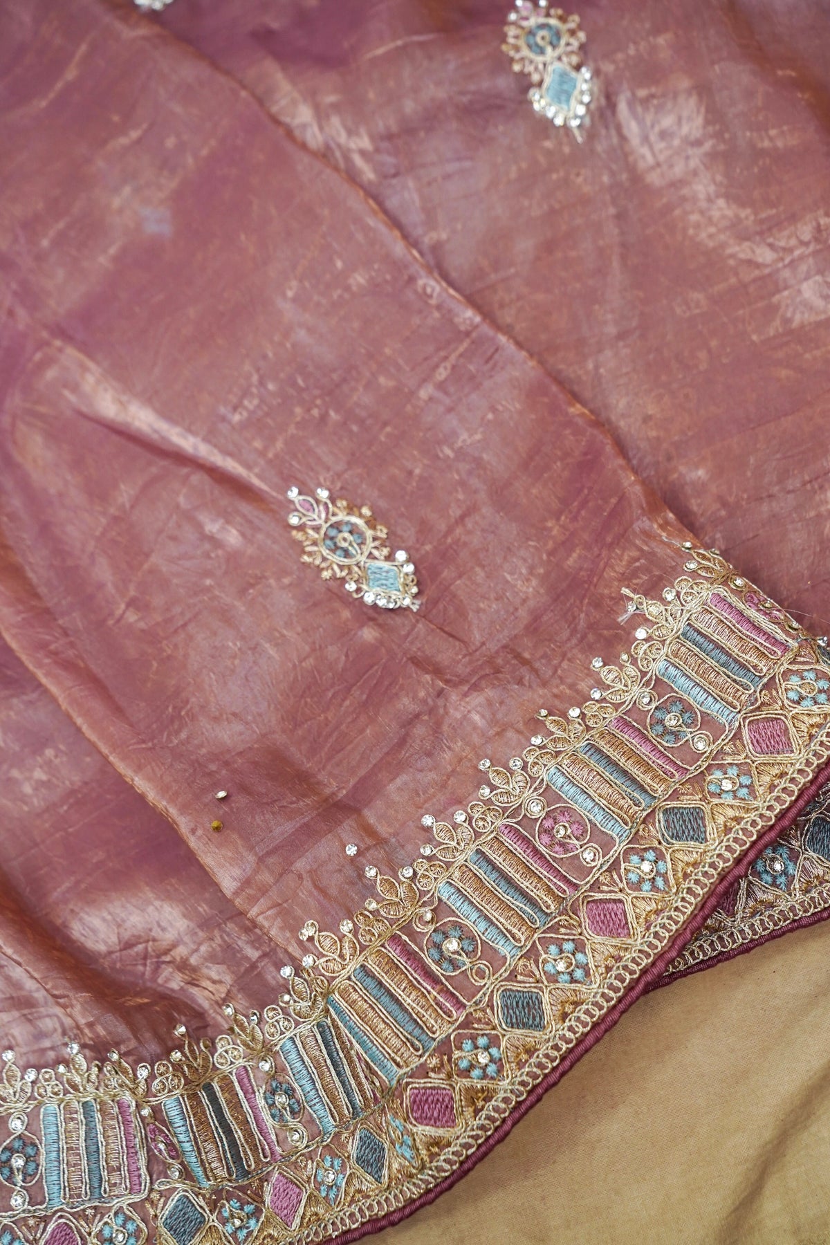 Mosaic Jewel Designer Tissue Saree – Dusty Mauve