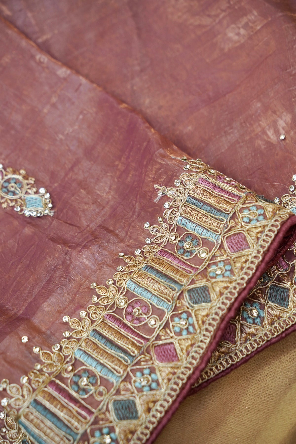 Mosaic Jewel Designer Tissue Saree – Dusty Mauve