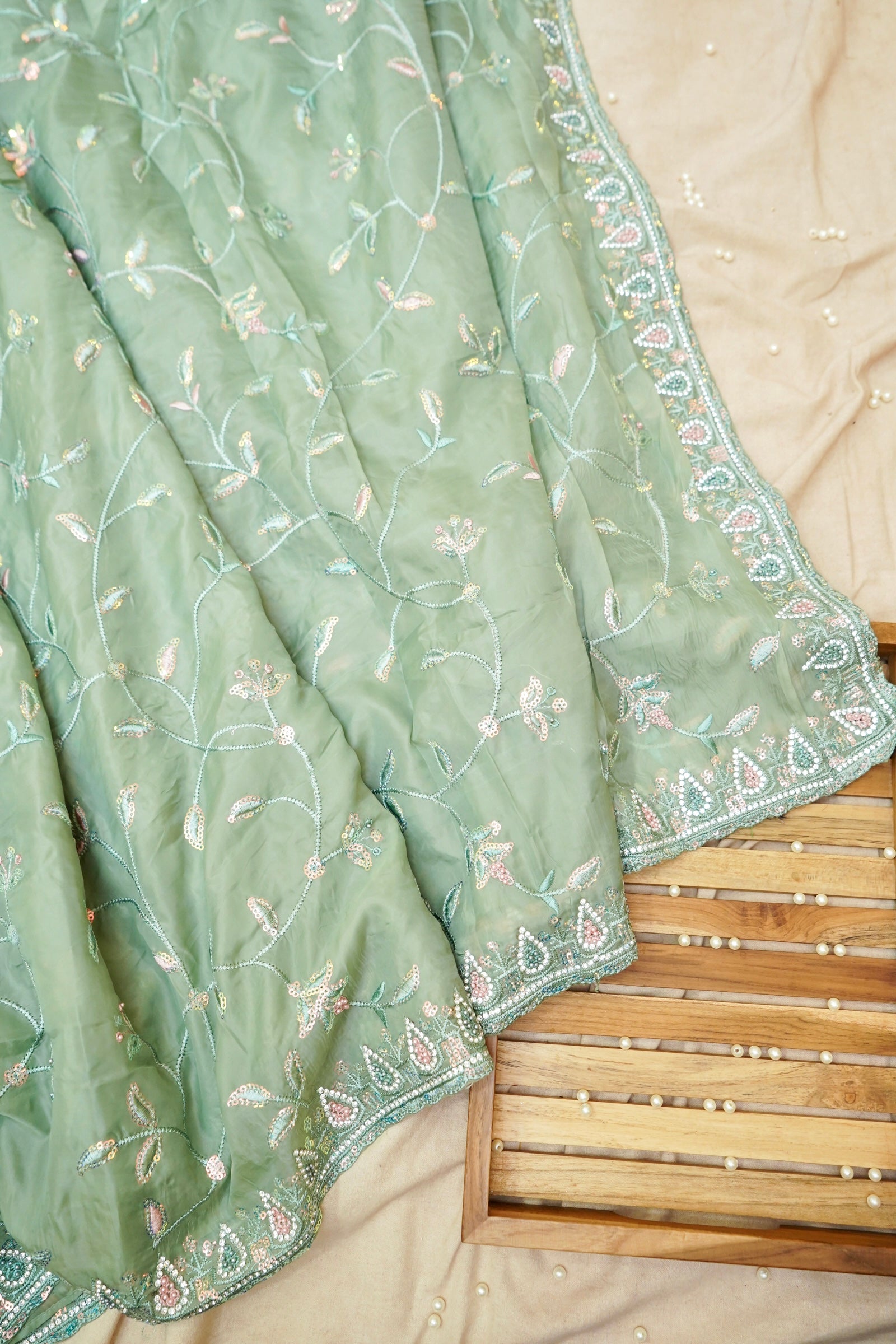 Seafoam Green Willow Vine Designer Tissue Saree with Rhinestone Work and Stitched Blouse