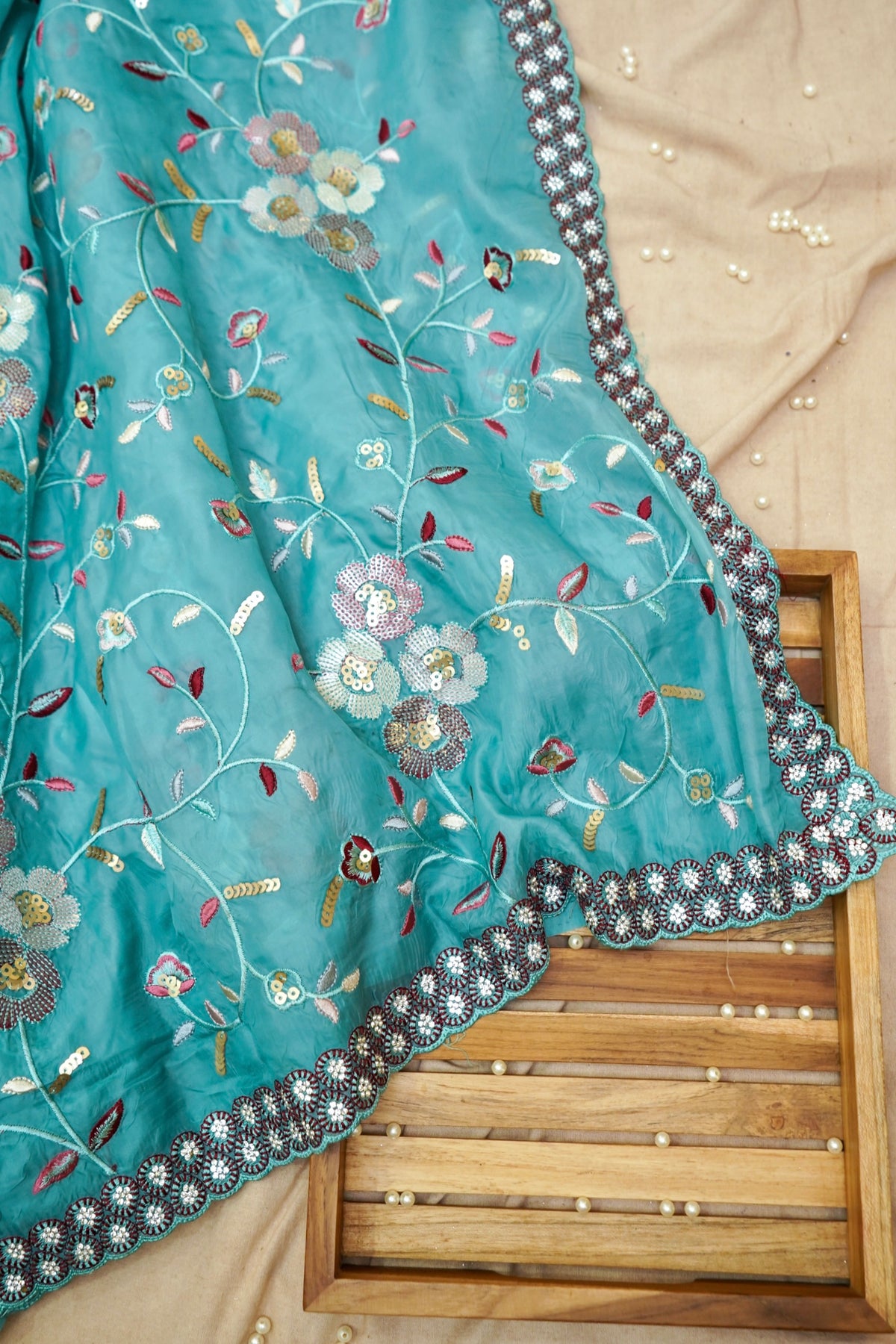 Aqua Blue Embroidered Designer Tissue Saree with Daisy Scalloped Border