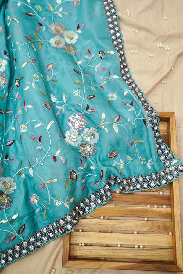 Aqua Blue Embroidered Designer Tissue Saree with Daisy Scalloped Border