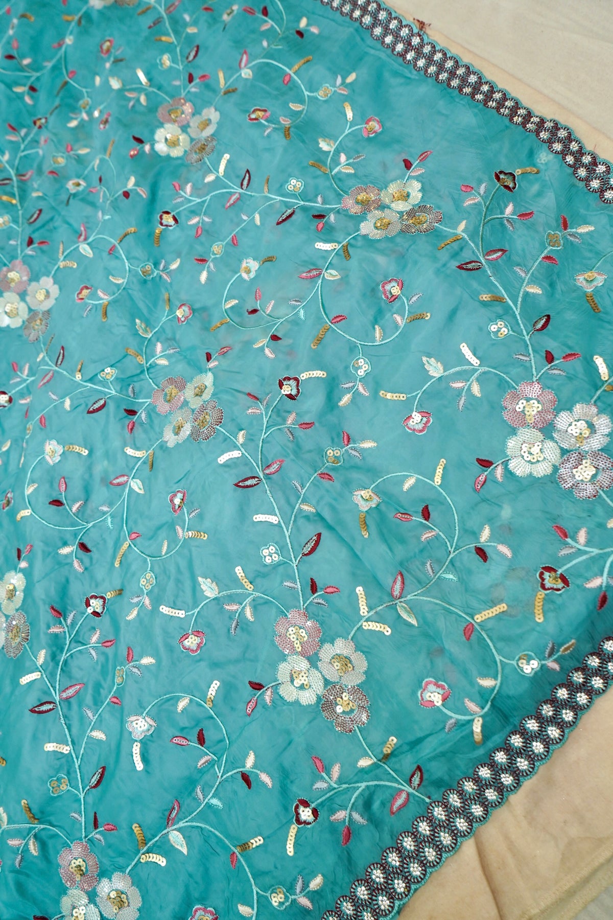 Aqua Blue Embroidered Designer Tissue Saree with Daisy Scalloped Border