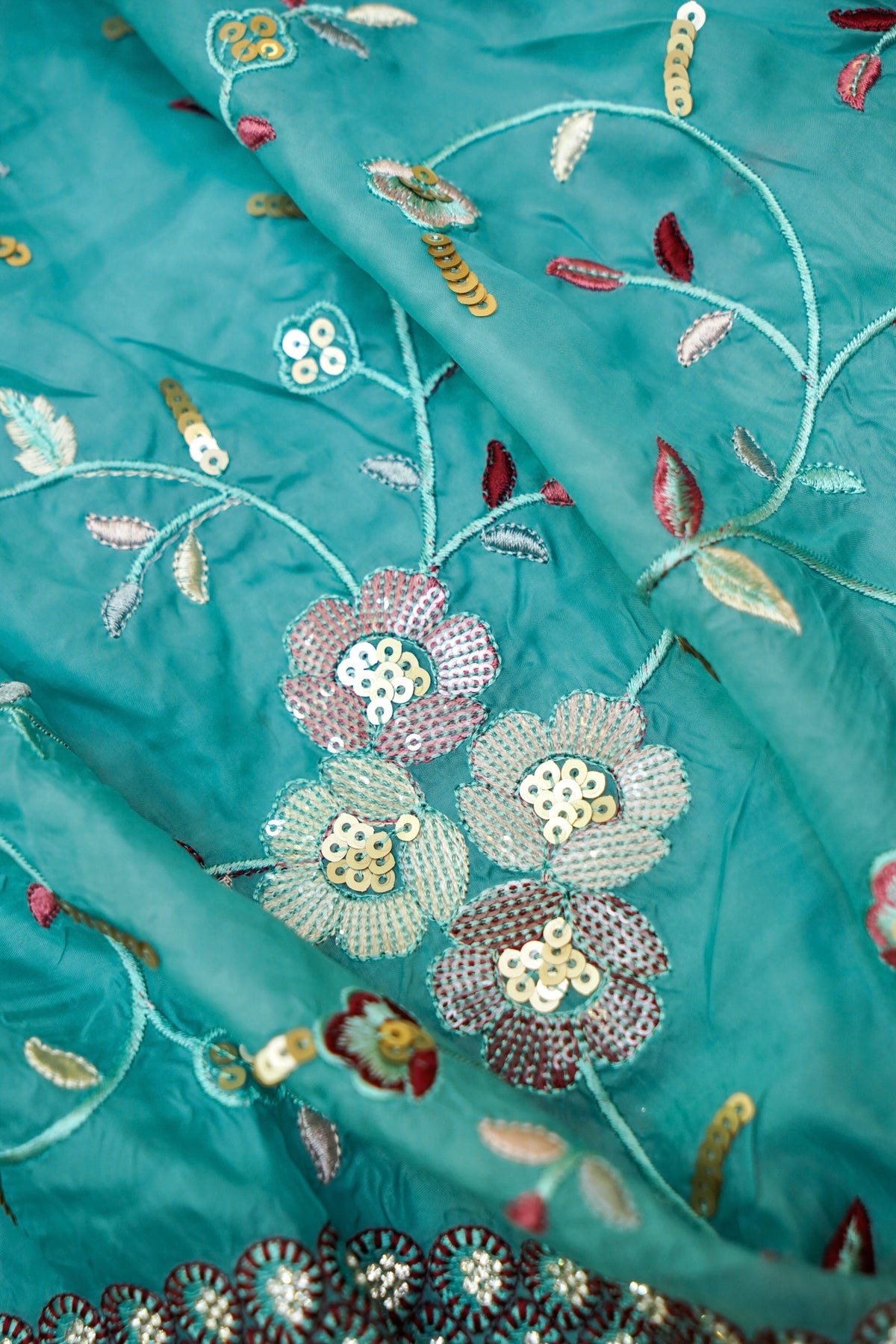 Aqua Blue Embroidered Designer Tissue Saree with Daisy Scalloped Border
