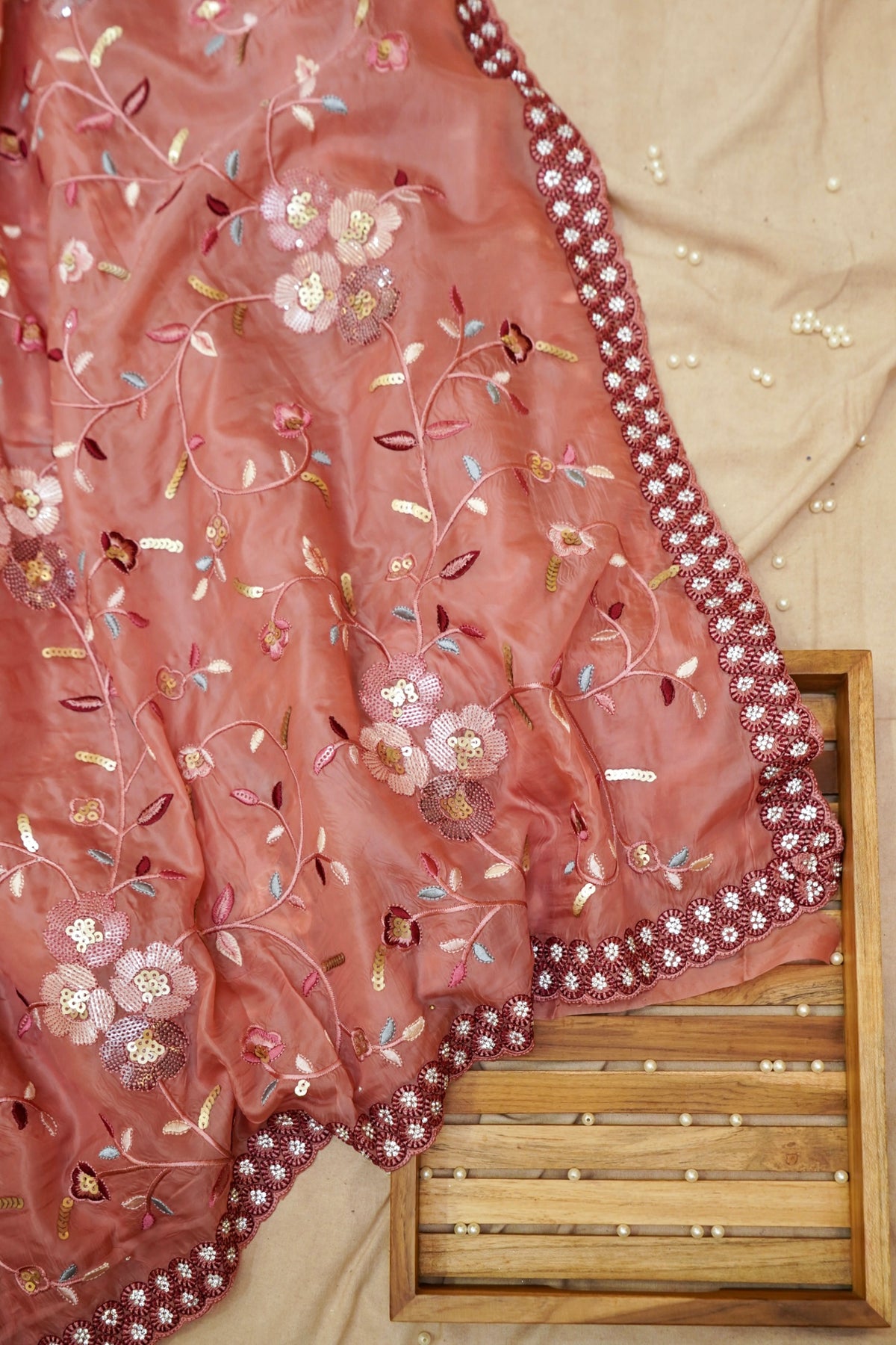 Rose Pink Embroidered Designer Tissue Saree with Daisy Scalloped Border