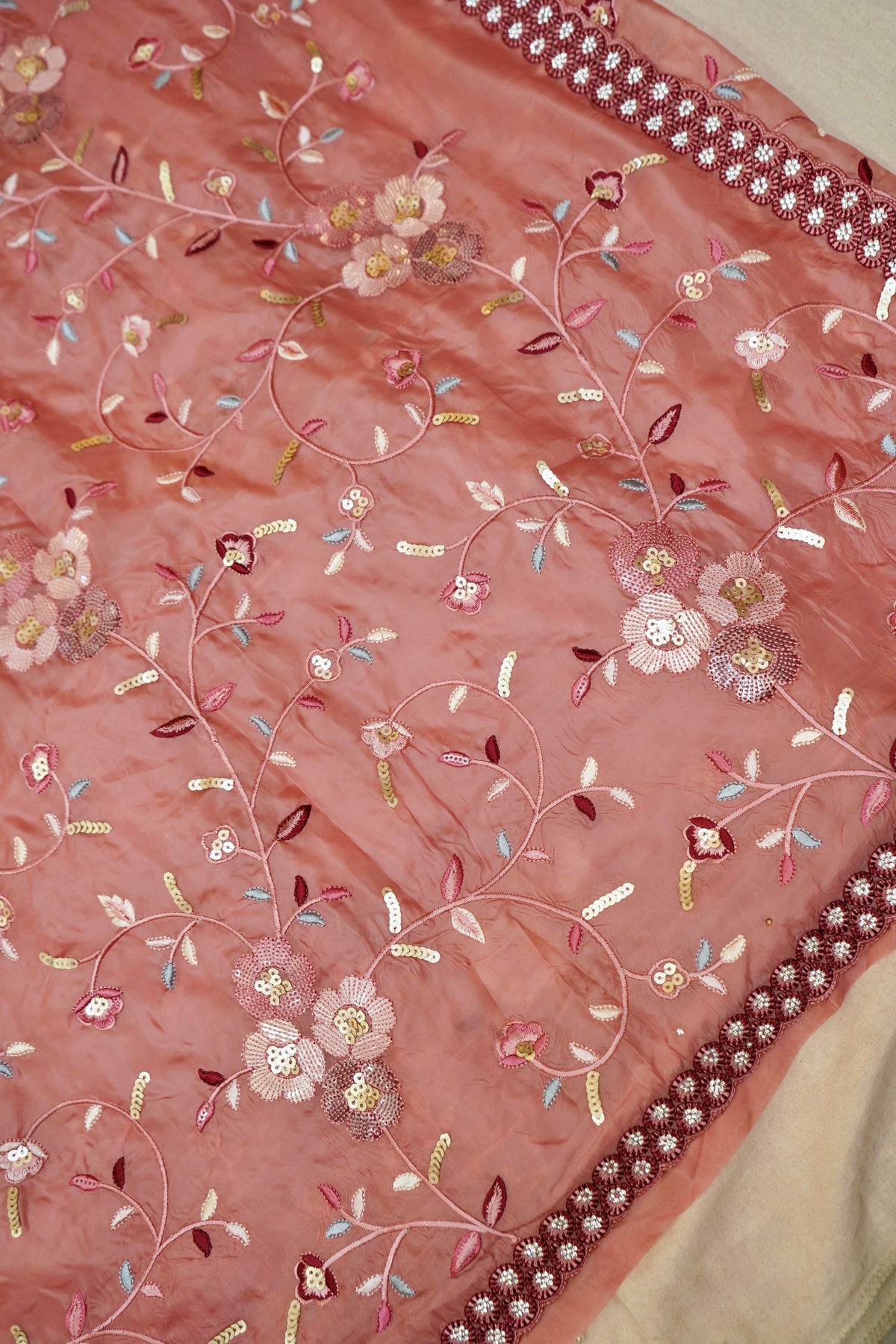 Rose Pink Embroidered Designer Tissue Saree with Daisy Scalloped Border