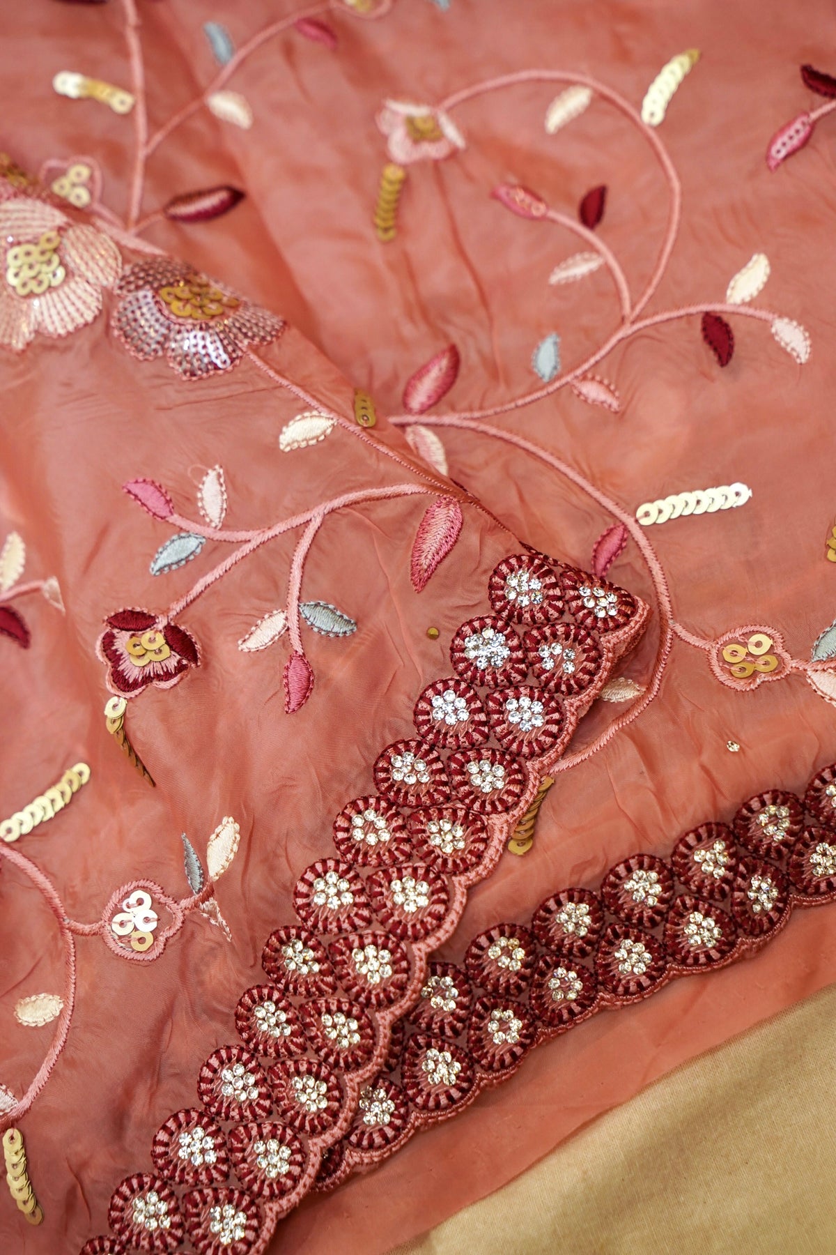 Rose Pink Embroidered Designer Tissue Saree with Daisy Scalloped Border